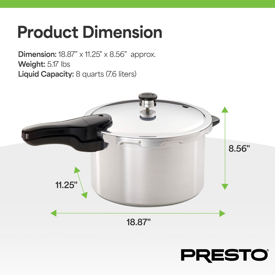 Presto 01282 8 Quart Aluminum Pressure Cooker, Regulator & Cover Lock, Silver - VMInnovations