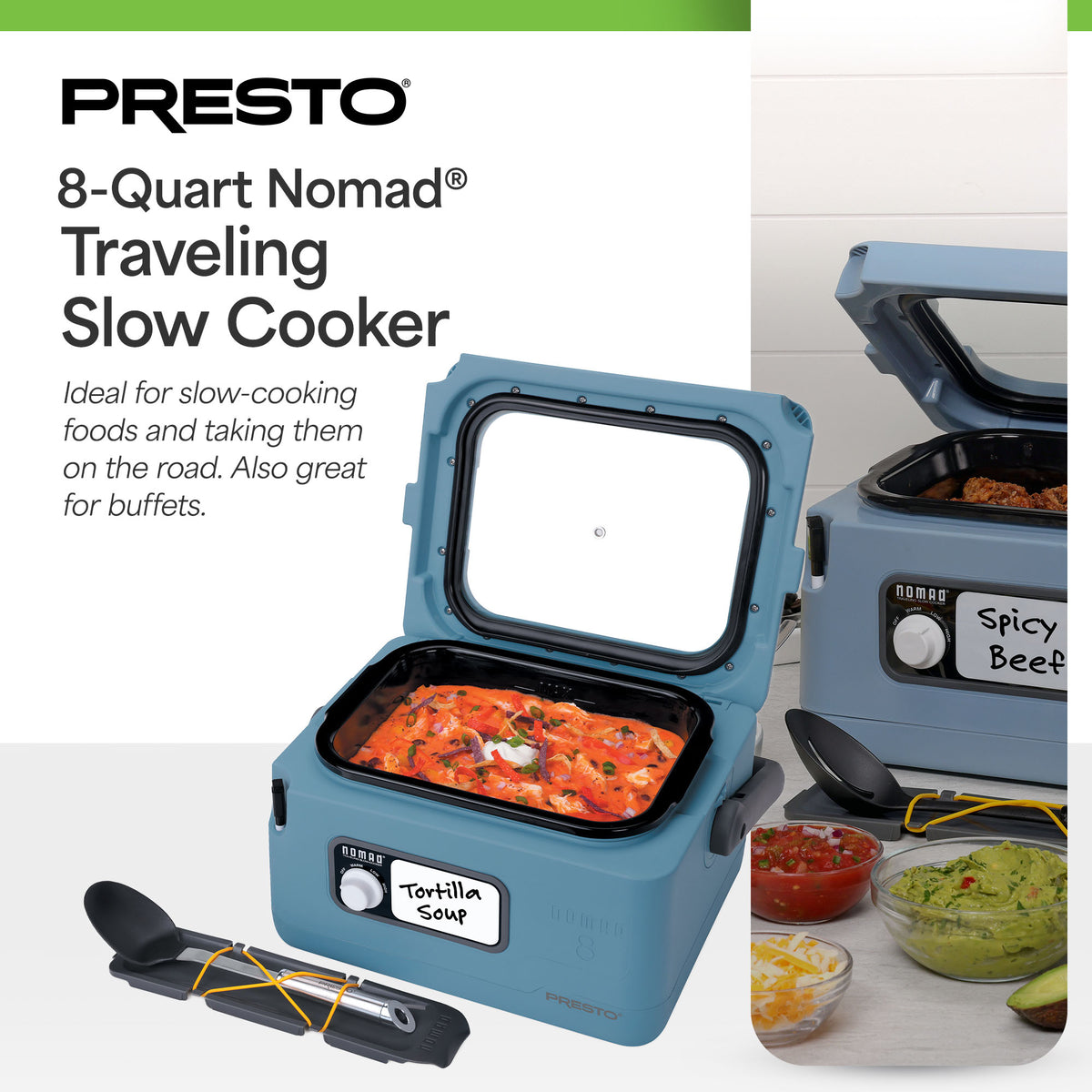 Presto 06017 8 Quart Nomad Portable Electric Slow Cooker with Locking Lid, Blue - VMInnovations