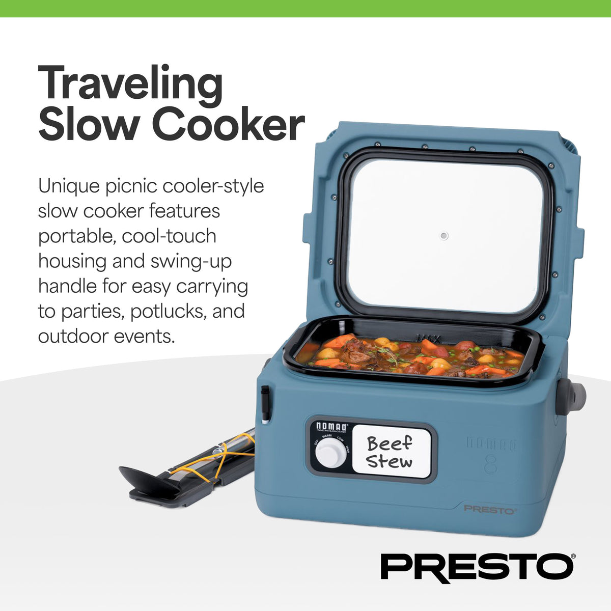 Presto 06017 8 Quart Nomad Portable Electric Slow Cooker with Locking Lid, Blue - VMInnovations
