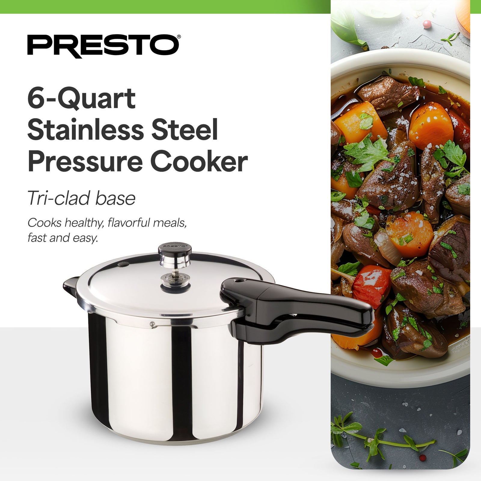 Presto 01362 6 Quart Stainless Steel Pressure Cooker, Tri Clad Base, Silver - VMInnovations