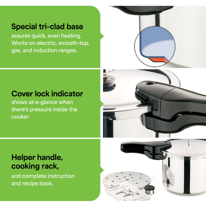 Presto 01362 6 Quart Stainless Steel Pressure Cooker, Tri Clad Base, Silver - VMInnovations