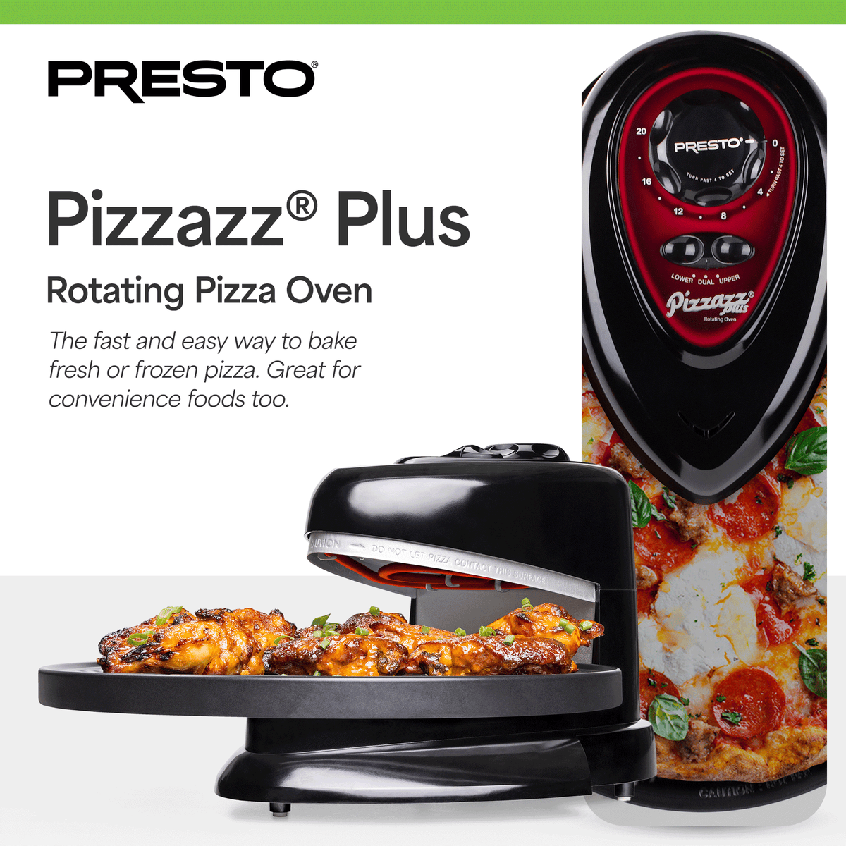 Presto Pizzazz Plus Rotating Pizza Oven, Bake 7-12" Pizzas, Wings, Rolls & More - VMInnovations