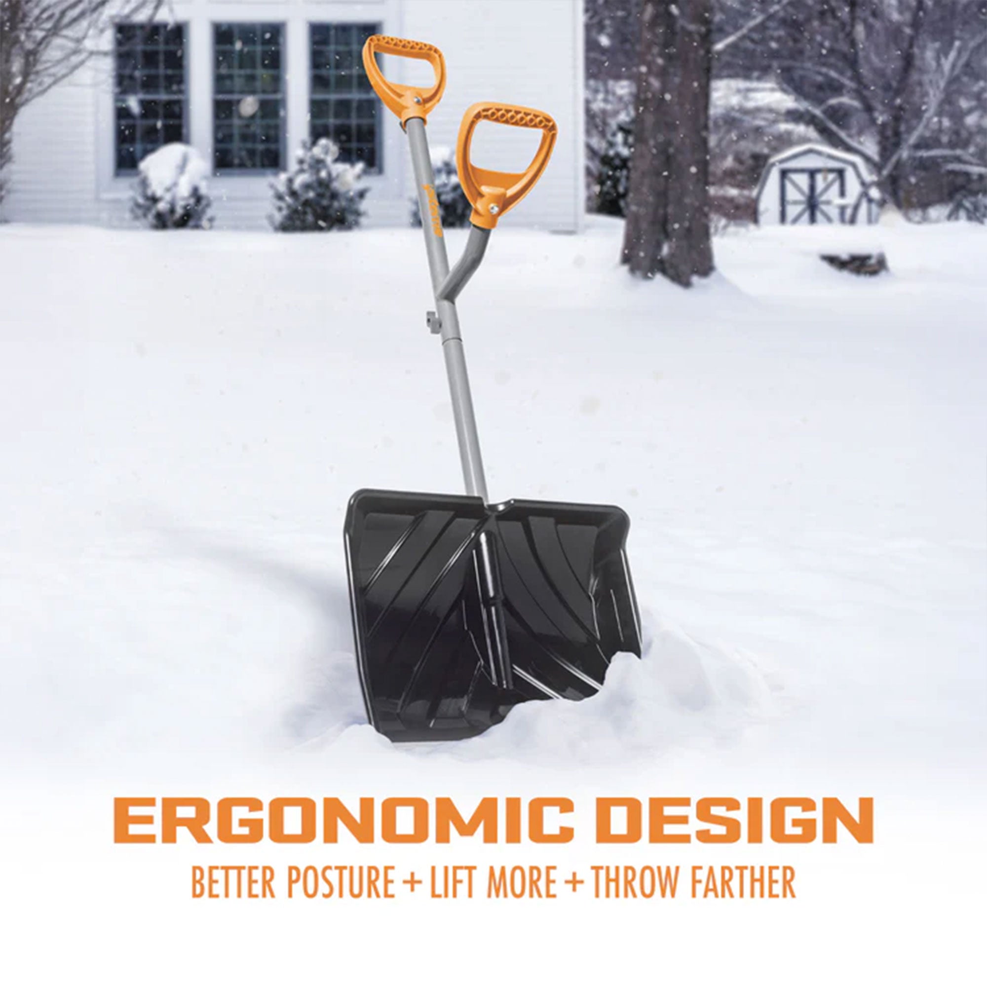 ErgieShovel 18” Steel Snow Shovel, 34.5” Shaft, Push Scoop, Orange (Open Box)