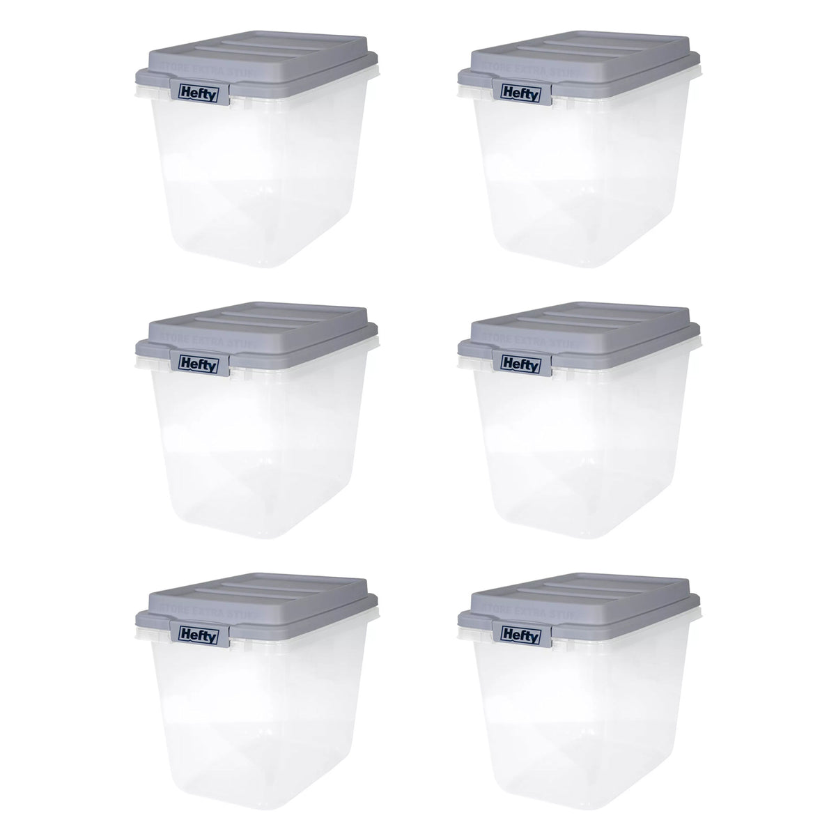 Hefty 6 Pack 32 Quart Hi-Rise Stackable Plastic Storage Bin with Lid, Clear/Gray