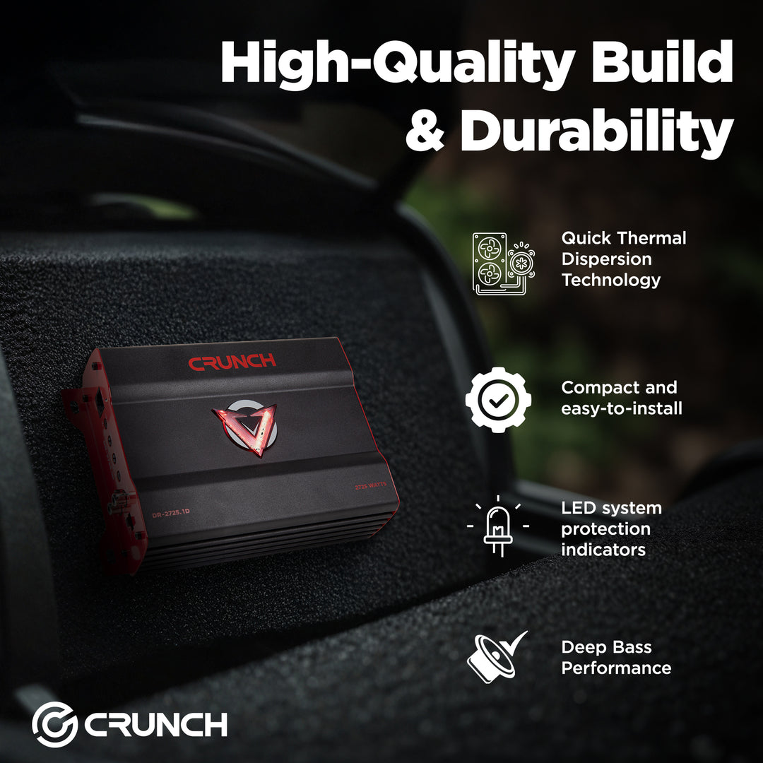Crunch 2725W Mono block Subwoofer Car Audio Amp, Adjustable Crossover, Bass Knob - VMInnovations