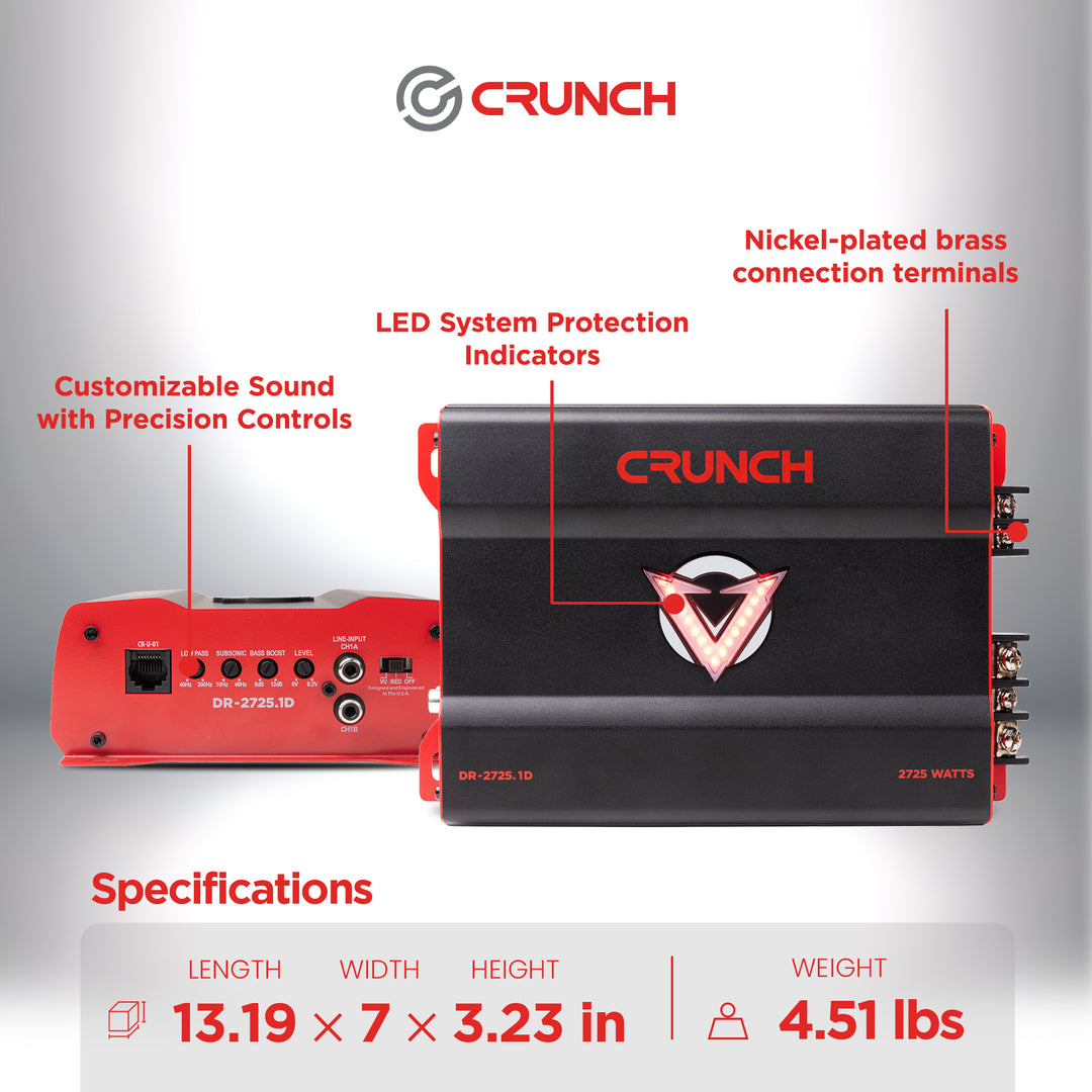 Crunch 2725W Mono block Subwoofer Car Audio Amp, Adjustable Crossover, Bass Knob - VMInnovations