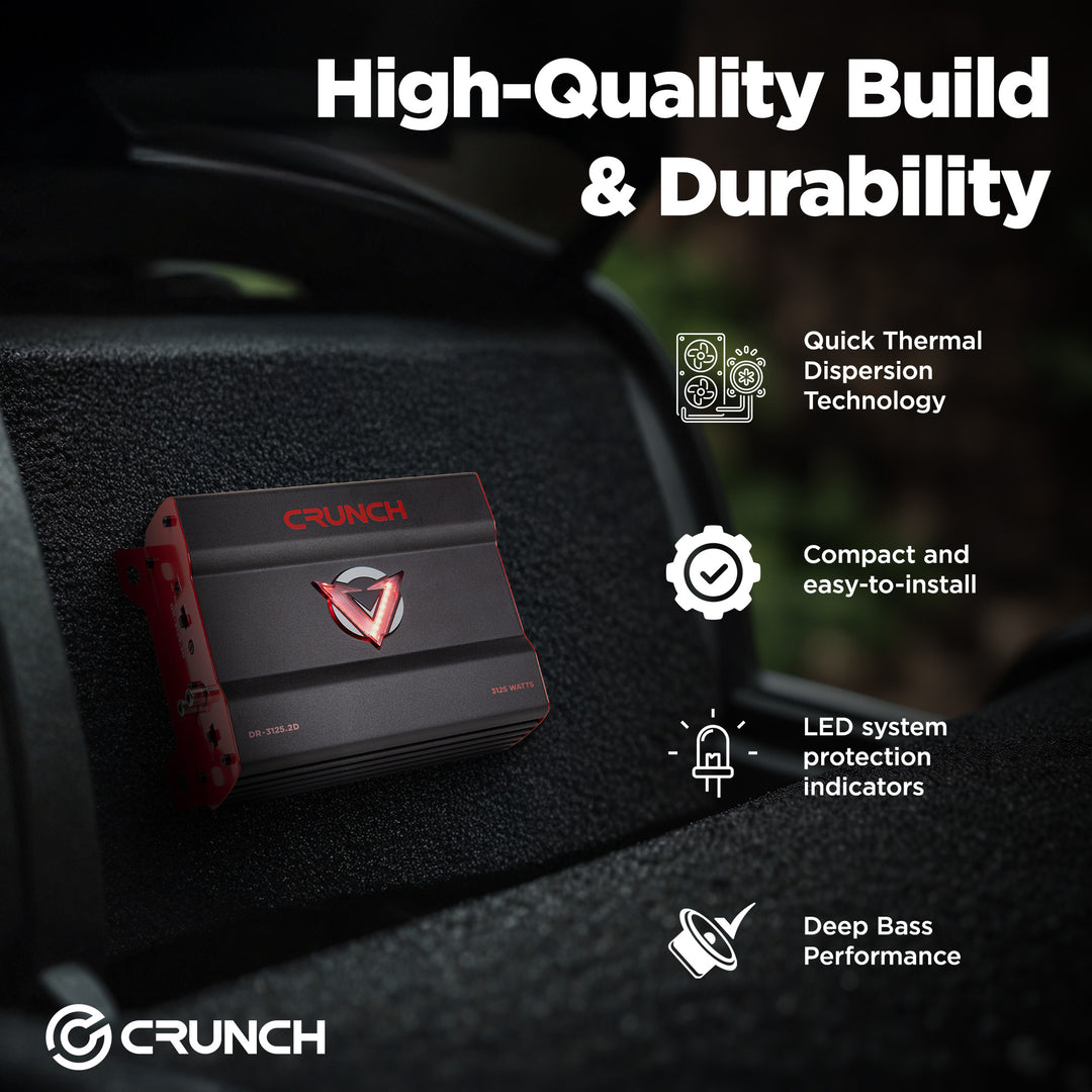 Crunch 3125W 2 Channel Subwoofer Car Audio Amp, Adjustable Crossovers, Bass Knob - VMInnovations