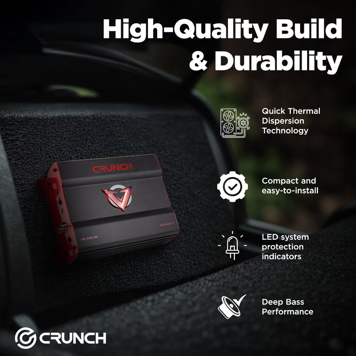 Crunch 3125W 2 Channel Subwoofer Car Audio Amp, Adjustable Crossovers, Bass Knob - VMInnovations