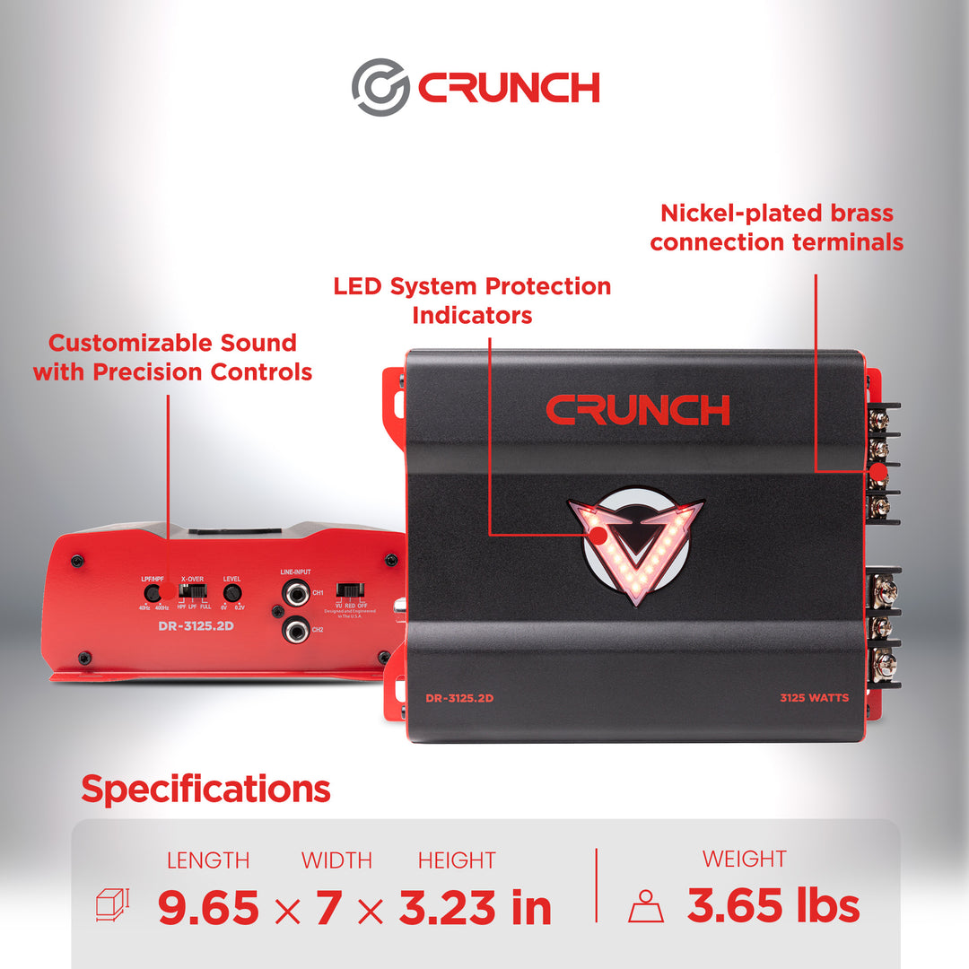 Crunch 3125W 2 Channel Subwoofer Car Audio Amp, Adjustable Crossovers, Bass Knob - VMInnovations