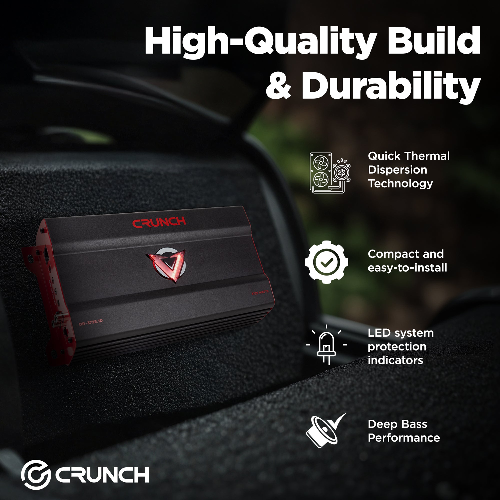 Crunch 3725W Monoblock Subwoofer Car Audio Amp, Adjustable Crossovers, Bass Knob - VMInnovations