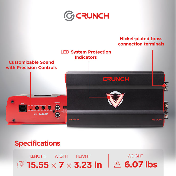 Crunch 3725W Monoblock Subwoofer Car Audio Amp, Adjustable Crossovers, Bass Knob - VMInnovations