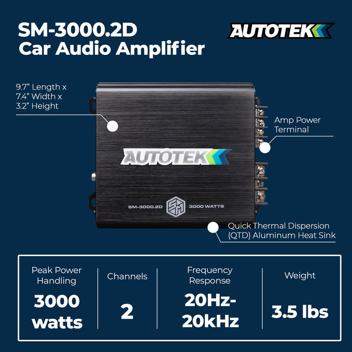 Autotek 3000W 2 Channel Car Audio Amplifier Bass Knob, Street Machine SM-3000.2D - VMInnovations