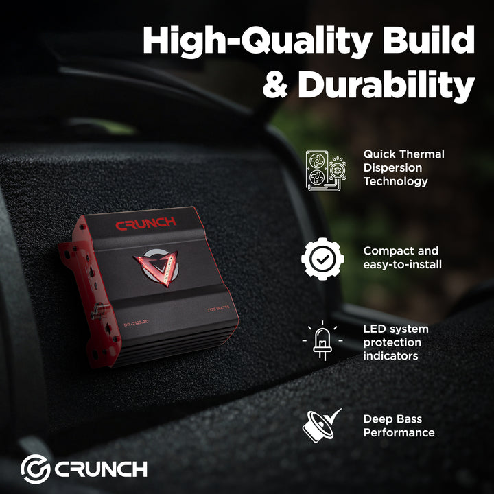 Crunch 2125W 2 Channel Subwoofer Car Audio Amp, Adjustable Crossovers, Bass Knob - VMInnovations