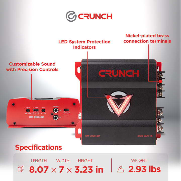 Crunch 2125W 2 Channel Subwoofer Car Audio Amp, Adjustable Crossovers, Bass Knob - VMInnovations