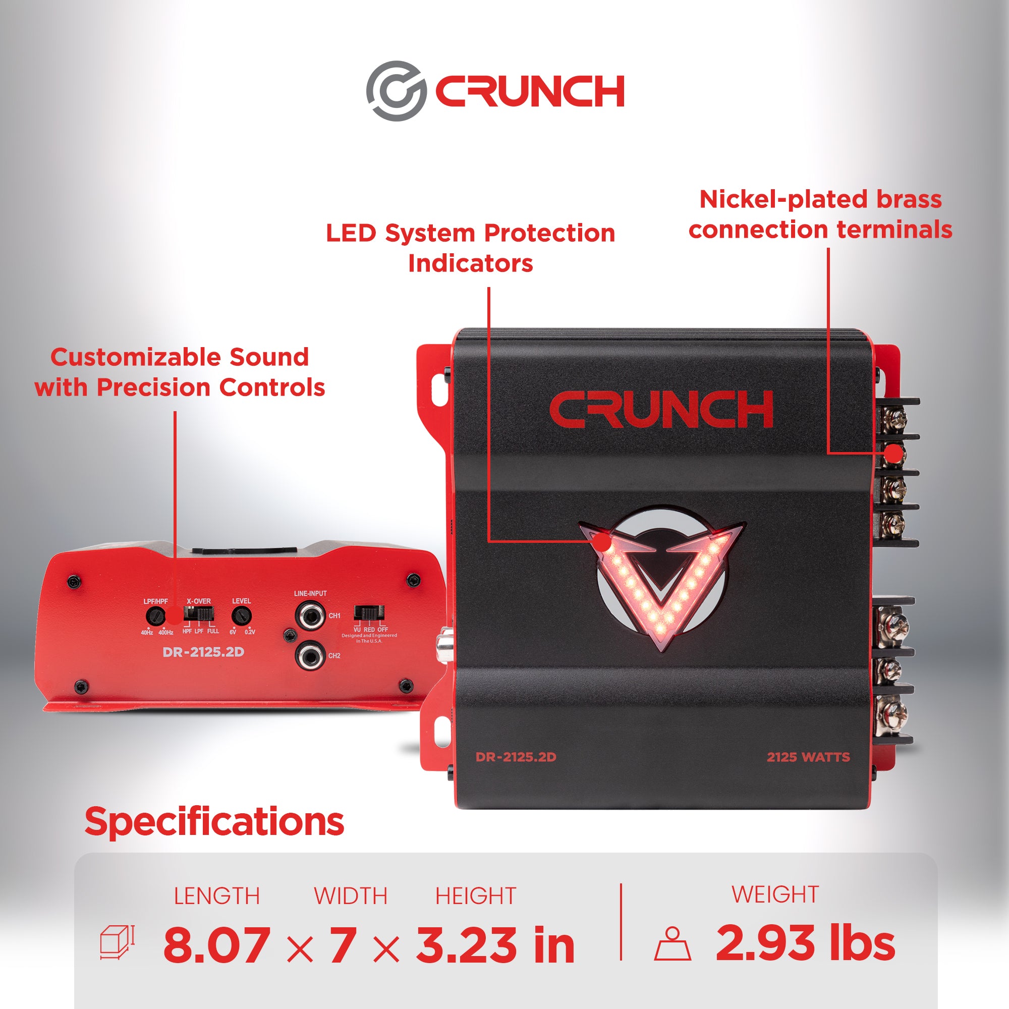 Crunch 2125W 2 Channel Subwoofer Car Audio Amp, Adjustable Crossovers, Bass Knob - VMInnovations
