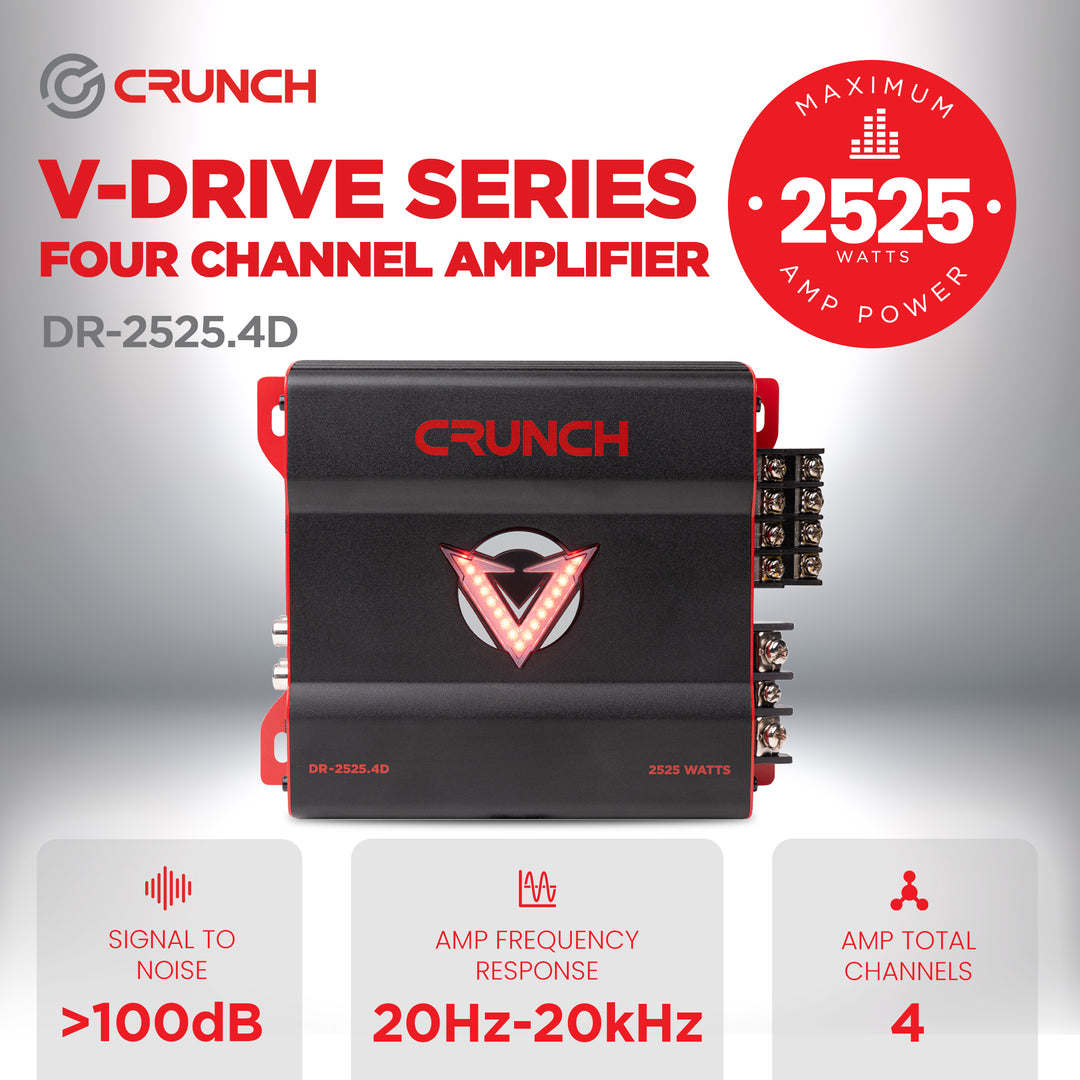 Crunch 2525W 4 Channel Subwoofer Car Audio Amp, Adjustable Crossovers, Bass Knob - VMInnovations