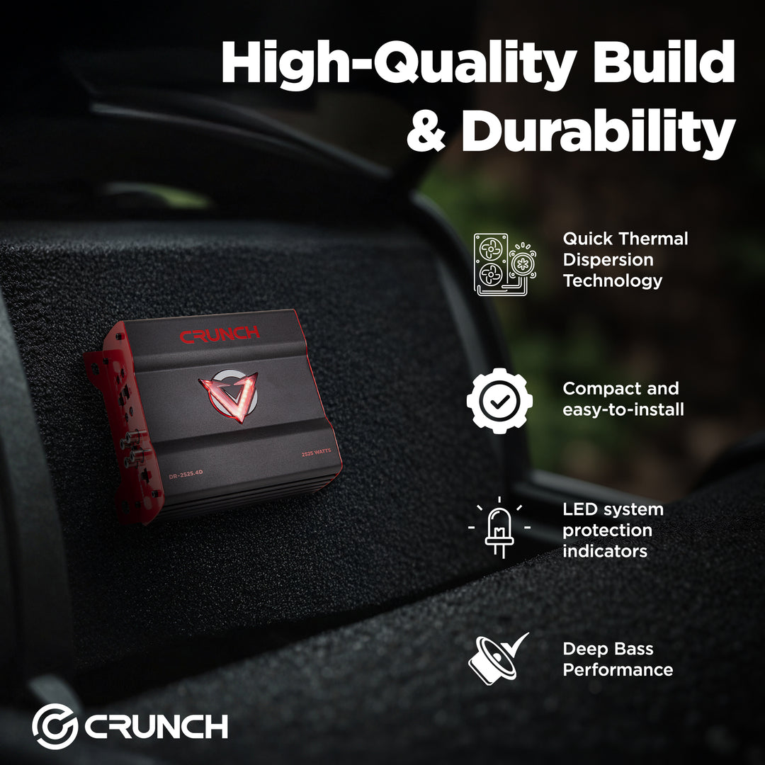 Crunch 2525W 4 Channel Subwoofer Car Audio Amp, Adjustable Crossovers, Bass Knob - VMInnovations