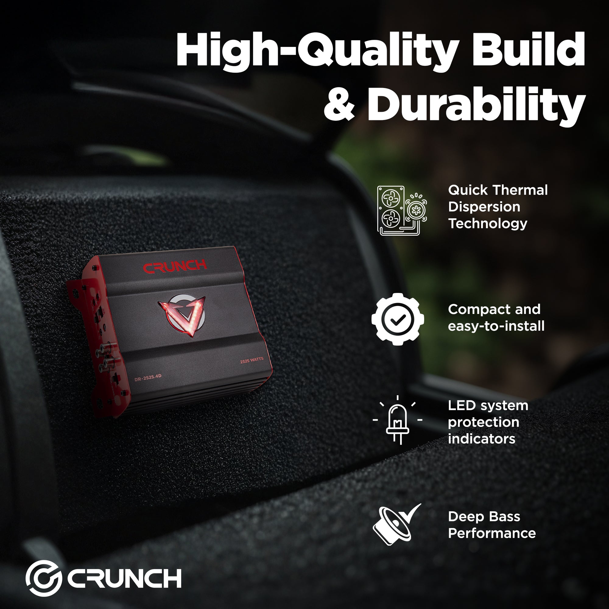 Crunch 2525W 4 Channel Subwoofer Car Audio Amp, Adjustable Crossovers, Bass Knob - VMInnovations
