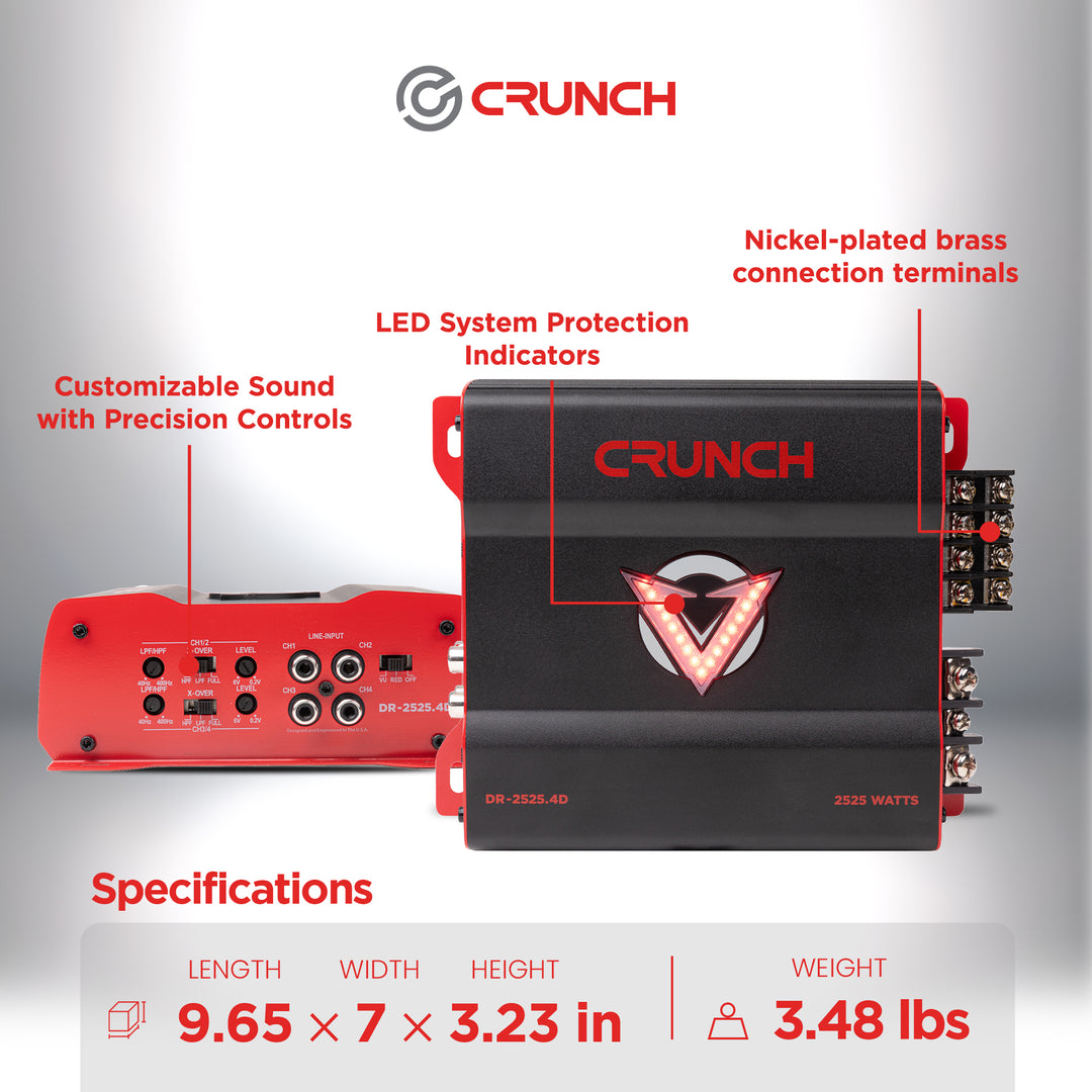 Crunch 2525W 4 Channel Subwoofer Car Audio Amp, Adjustable Crossovers, Bass Knob - VMInnovations