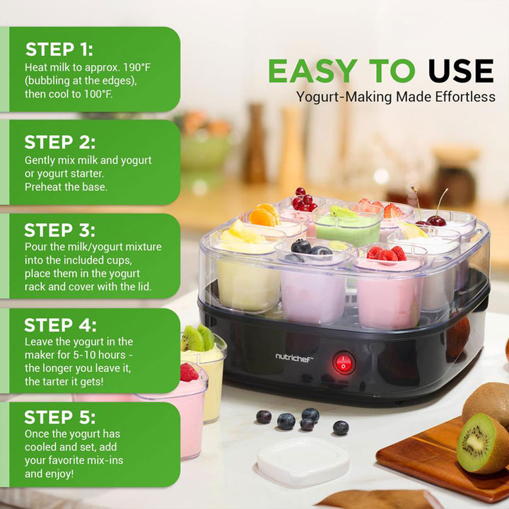 NutriChef Temperature Control 9 Cups Greek Yogurt Maker Machine 45 Ounces, Black - VMInnovations