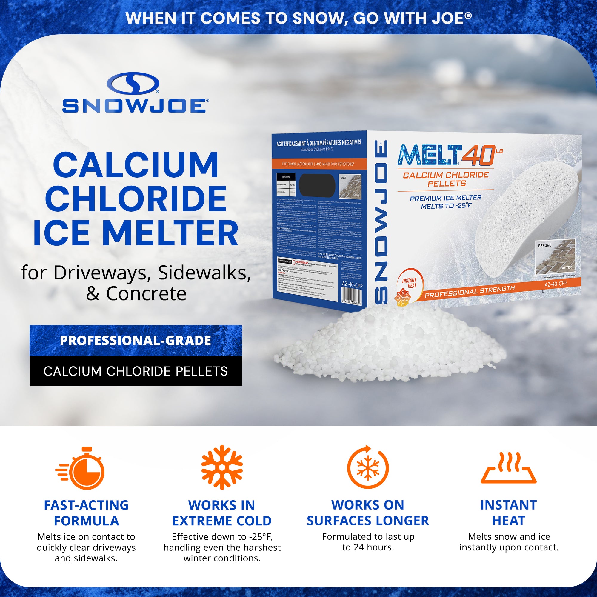 Snow Joe Ice Melt Calcium Chloride Blend, 40 lb (Packaging May Vary), AZ-40-CPP - VMInnovations