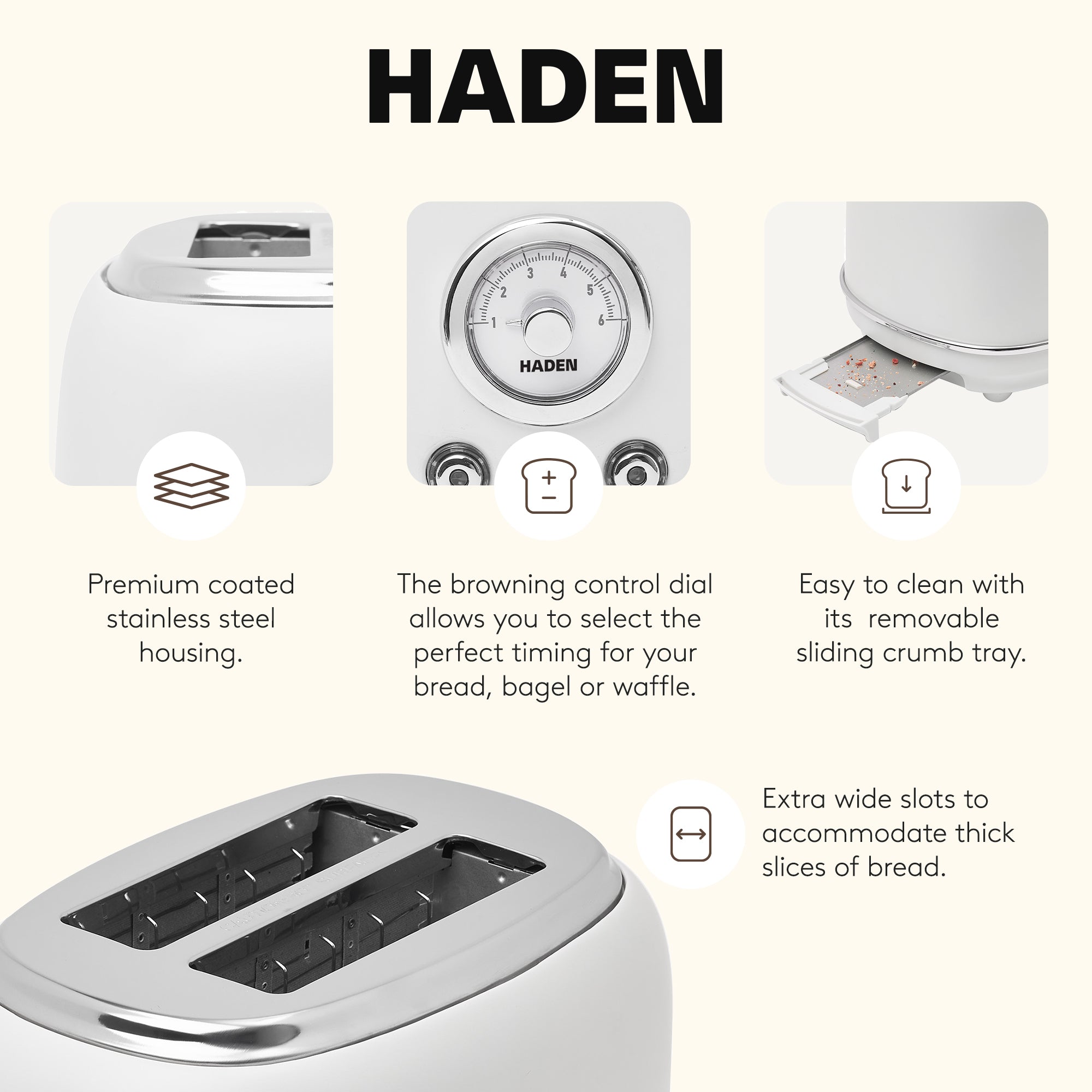 Haden Chelsea Stainless Steel 2 Slice Toaster, Extra Wide Slots, Ivory(Open Box)