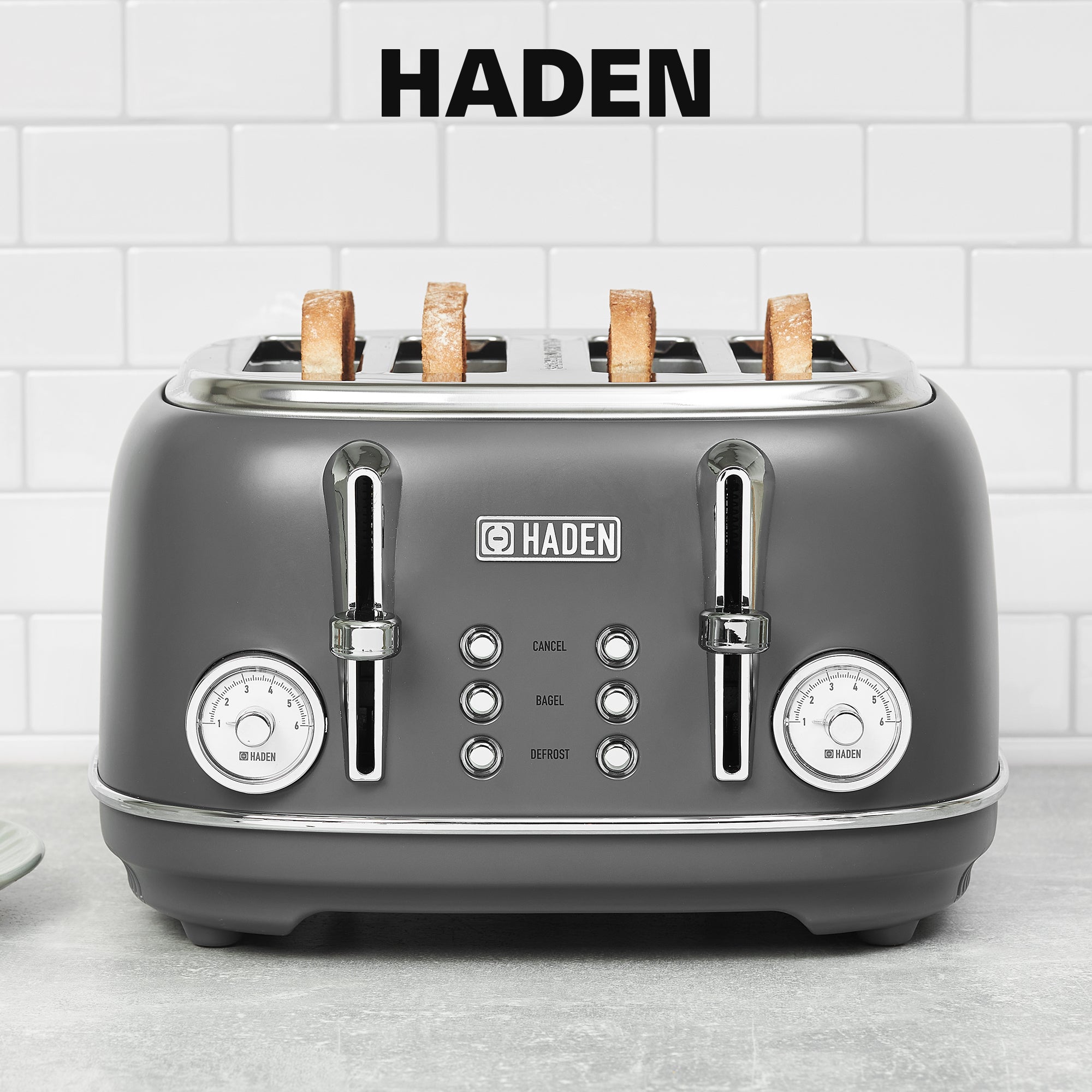 Haden Chelsea Stainless Steel 4 Slice Toaster, Extra Wide Slots, Grey & Chrome - VMInnovations