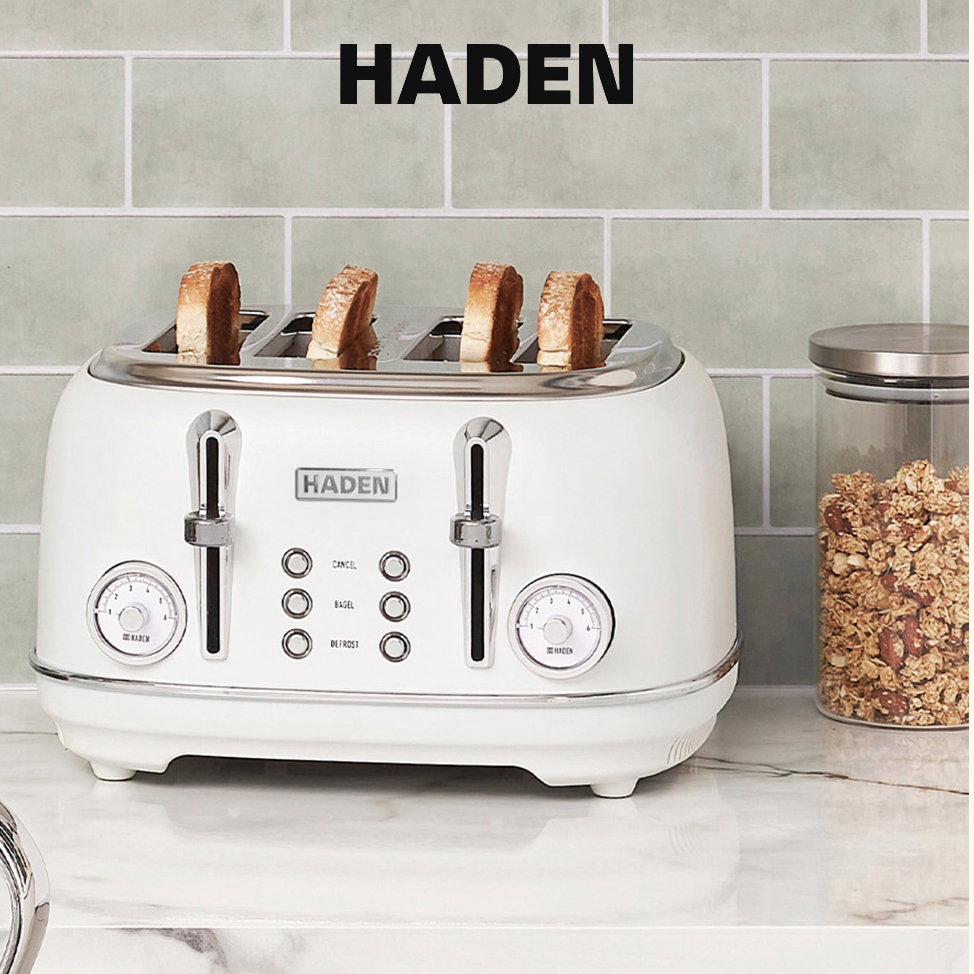 Haden Chelsea Stainless Steel 4 Slice Toaster, Extra Wide Slots, Ivory & Chrome - VMInnovations
