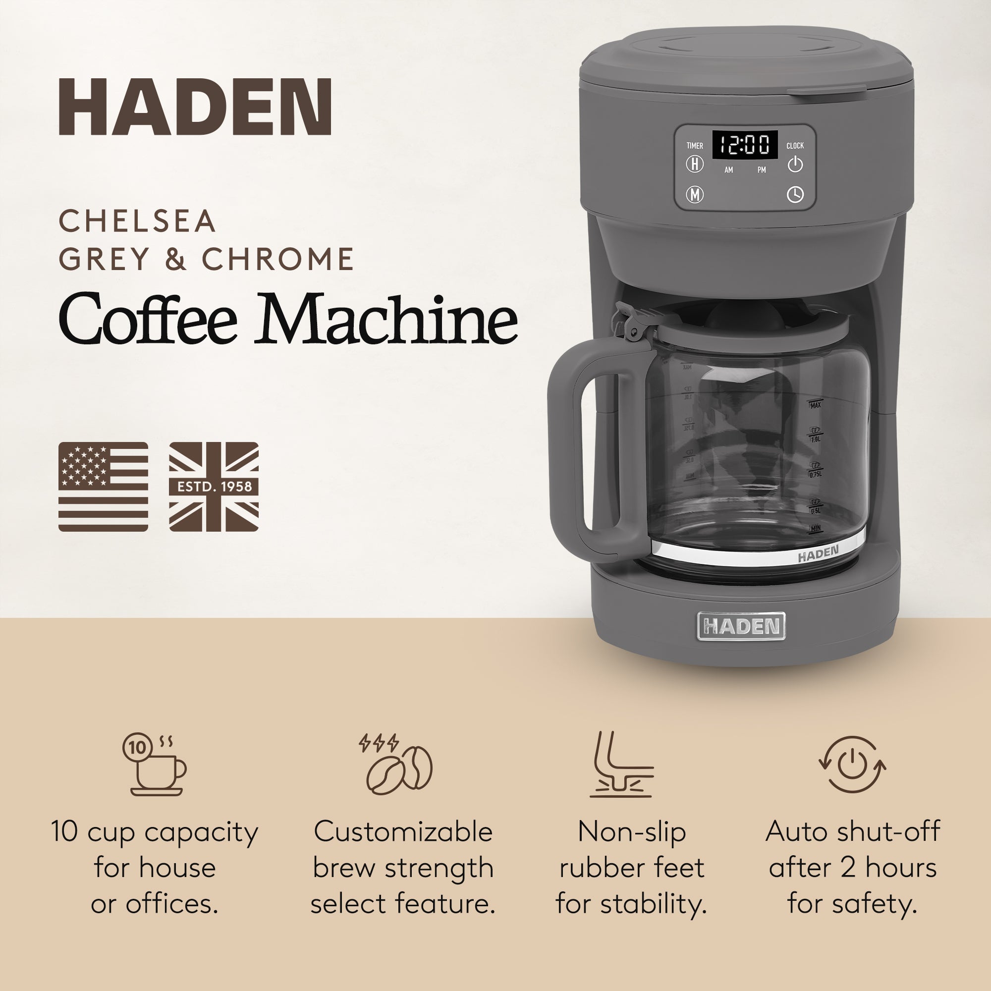 Haden Chelsea 10 Cup Digital Drip Coffee Maker with Glass Carafe, Grey & Chrome - VMInnovations