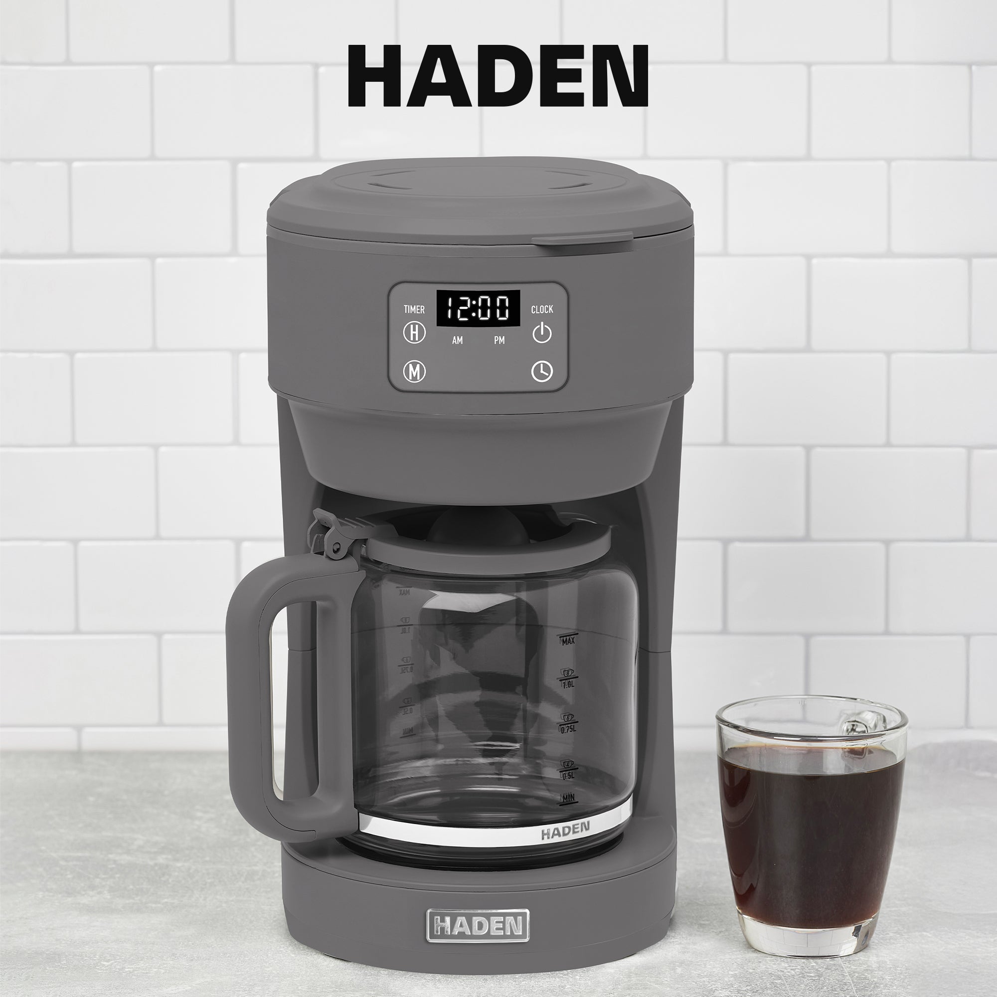 Haden 10 Cup Digital Drip Coffee Maker w/Glass Carafe, Grey & Chrome (Open Box)
