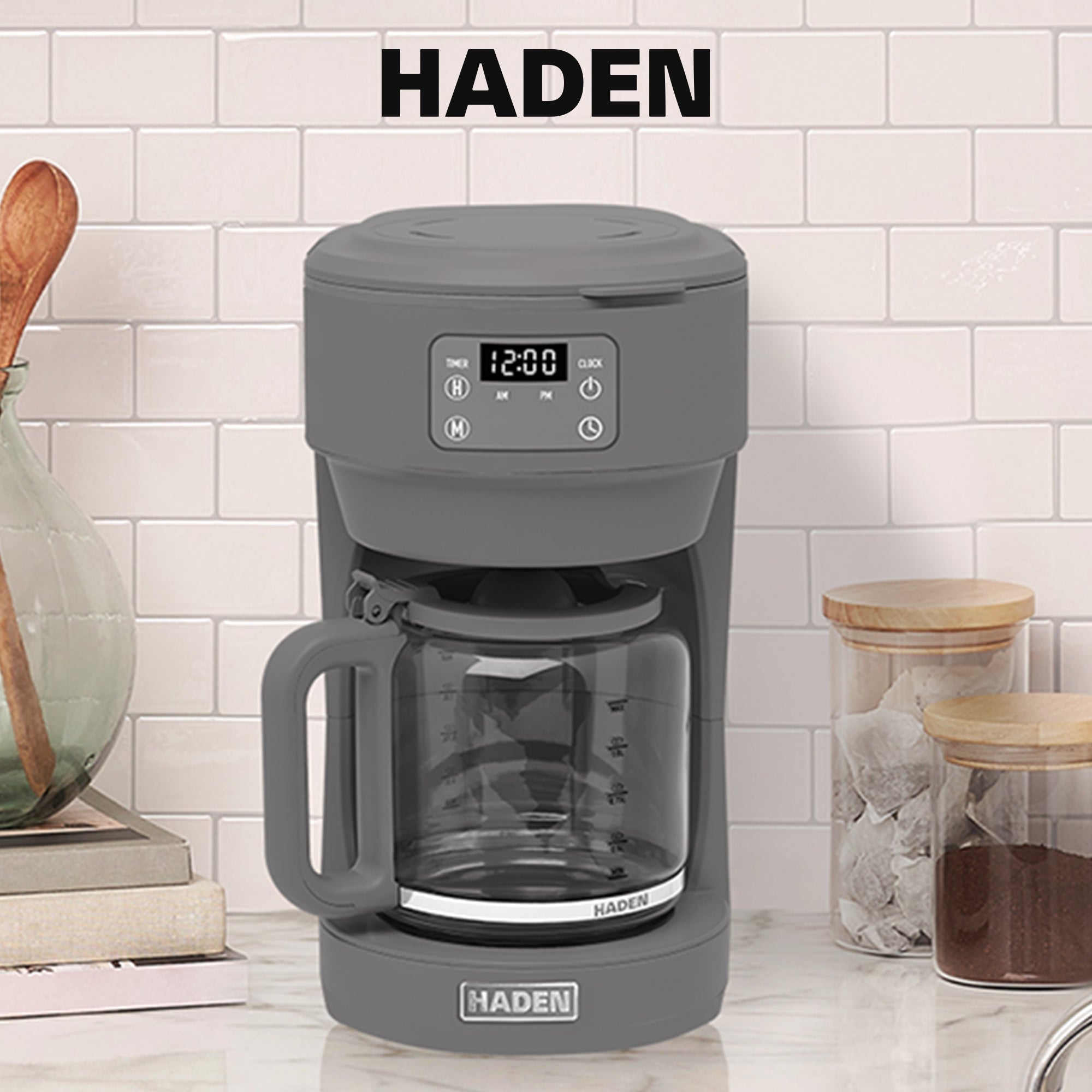 Haden 10 Cup Digital Drip Coffee Maker w/Glass Carafe, Grey & Chrome (Open Box)