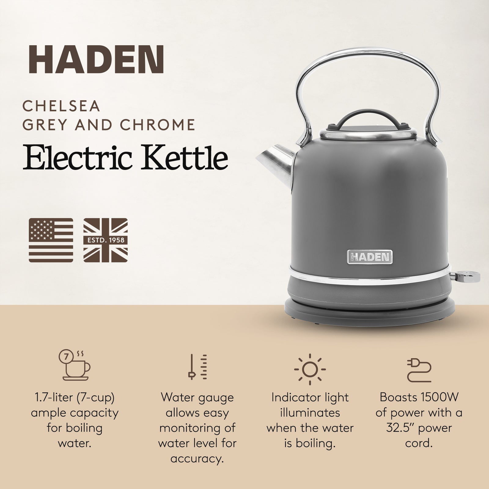 Haden Chelsea 1.7 Liter Electric Water Kettle w/ 360-Degree Base, Grey & Chrome - VMInnovations