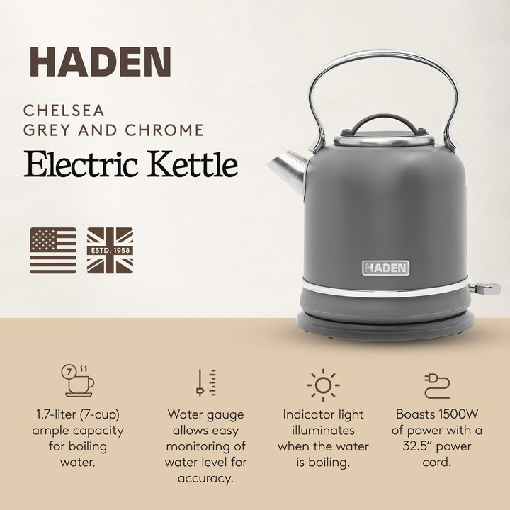 Haden Chelsea 1.7 Liter Electric Water Kettle w/ 360-Degree Base, Grey & Chrome - VMInnovations