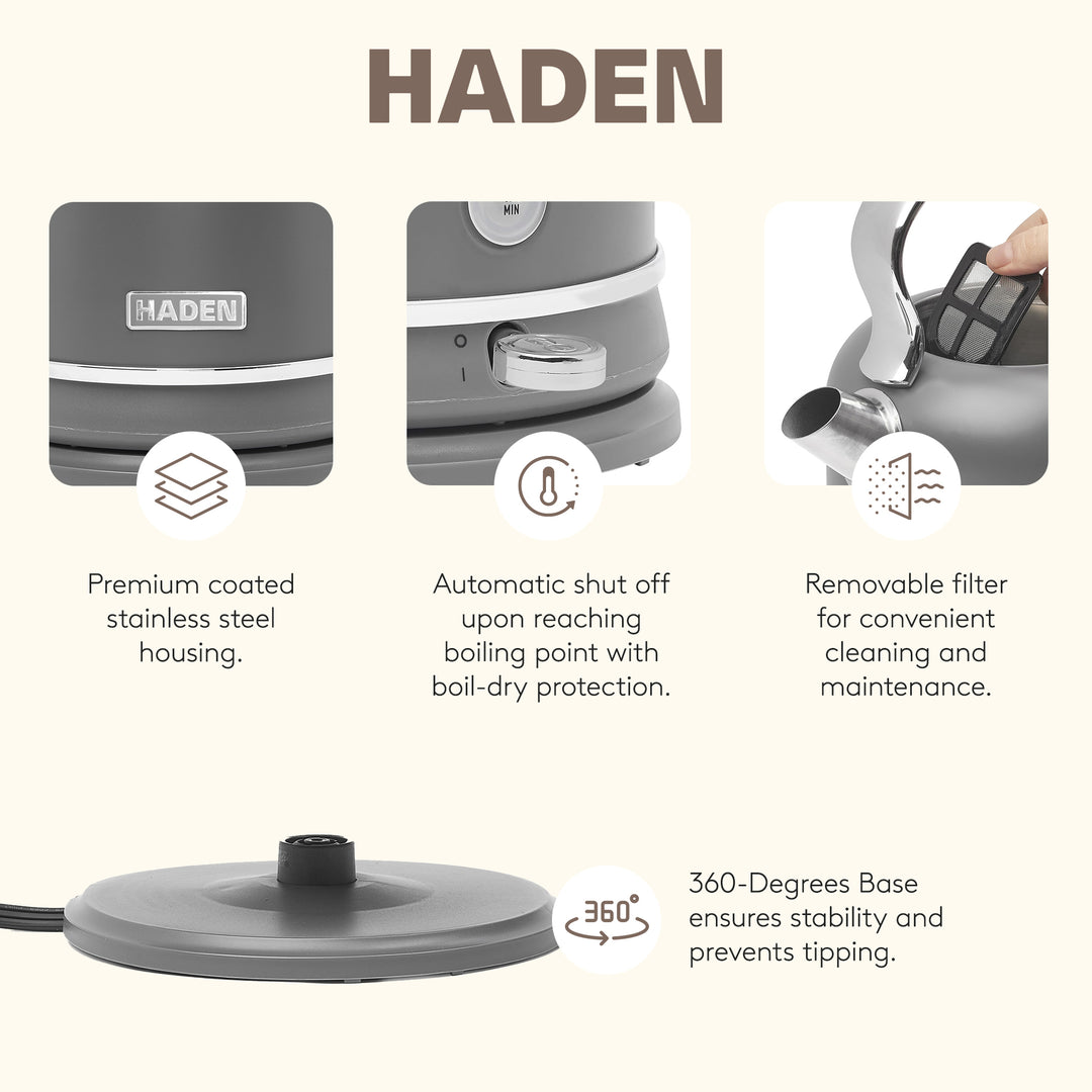 Haden Chelsea 1.7 Liter Electric Water Kettle w/ 360-Degree Base, Grey & Chrome - VMInnovations