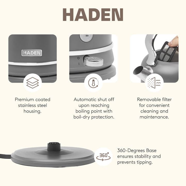 Haden Chelsea 1.7 Liter Electric Water Kettle w/ 360-Degree Base, Grey & Chrome - VMInnovations