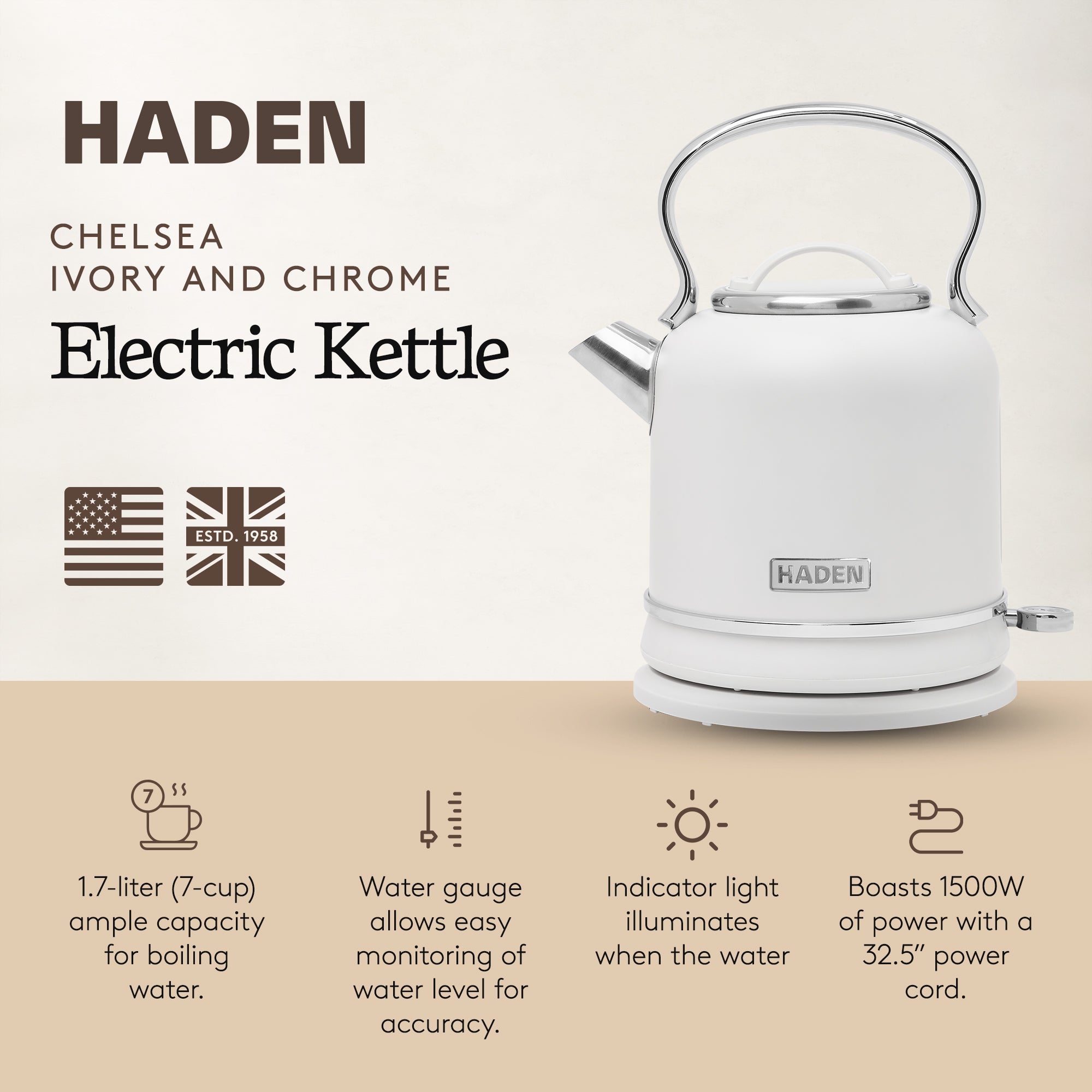 Haden Chelsea 1.7 Liter Electric Water Kettle w/ 360-Degree Base, Ivory & Chrome - VMInnovations