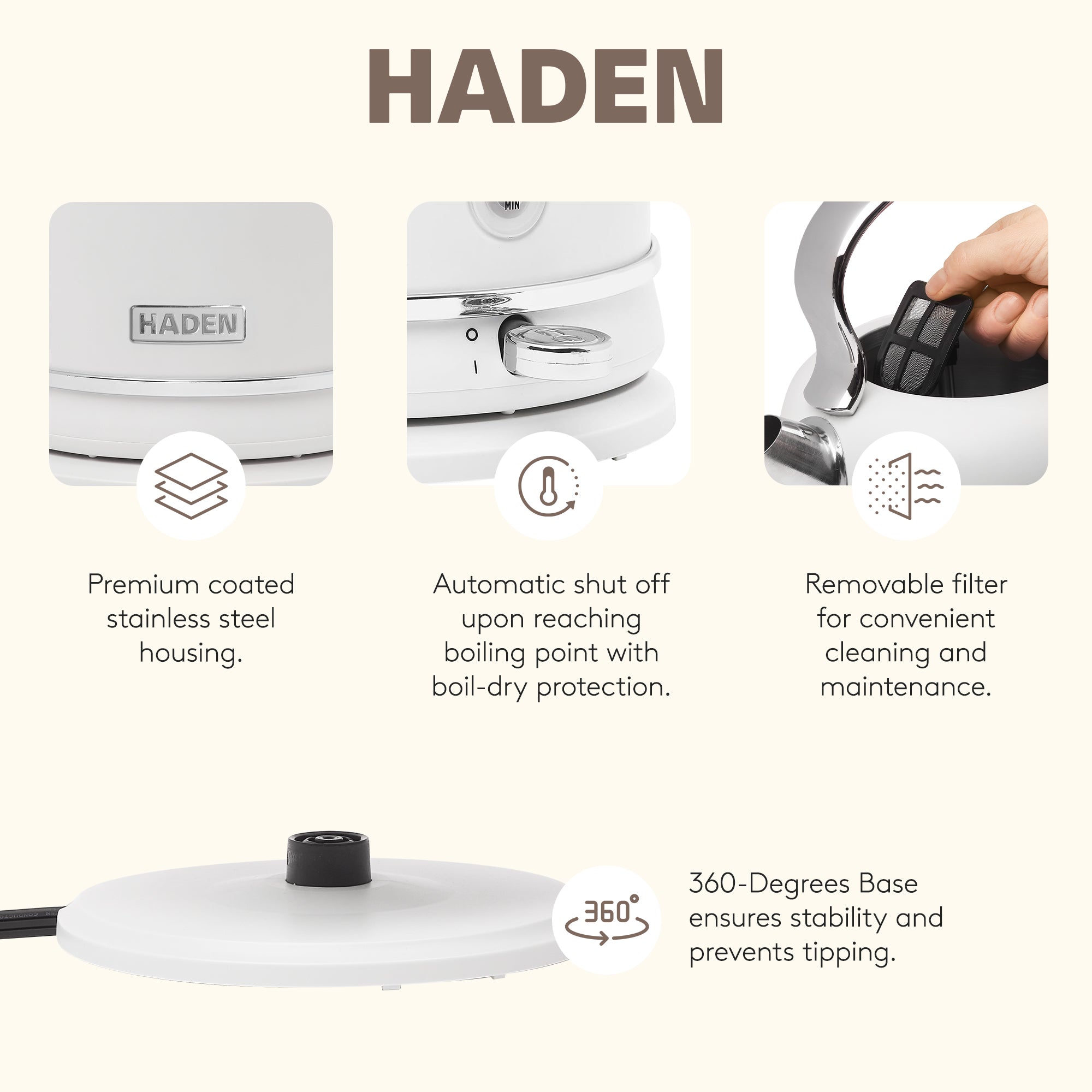 Haden Chelsea 1.7 Liter Electric Water Kettle w/ 360-Degree Base, Ivory & Chrome - VMInnovations