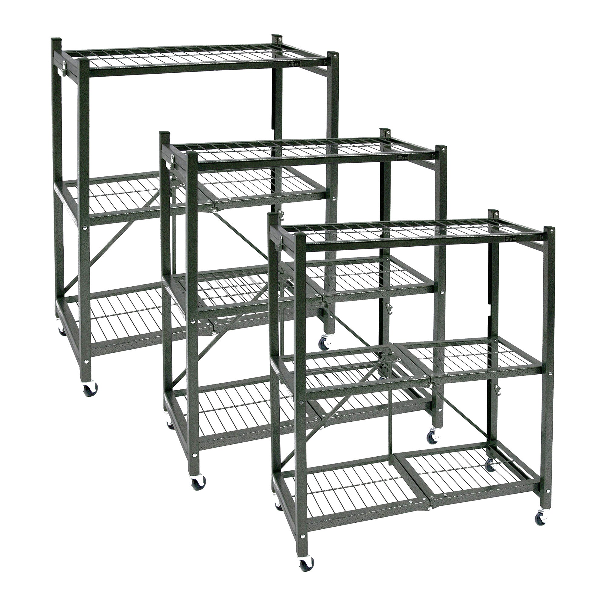 Origami 3-Pack General Purpose Foldable 3-Tier Shelf Storage Racks, R3, Pewter