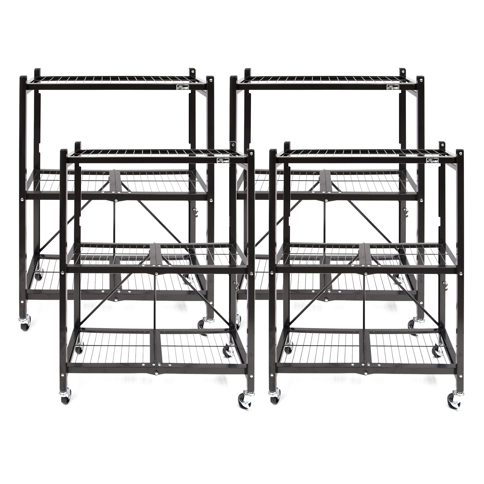 Origami 4-Pack General Purpose Foldable 3-Tier Shelf Storage Racks, R3, Black - VMInnovations
