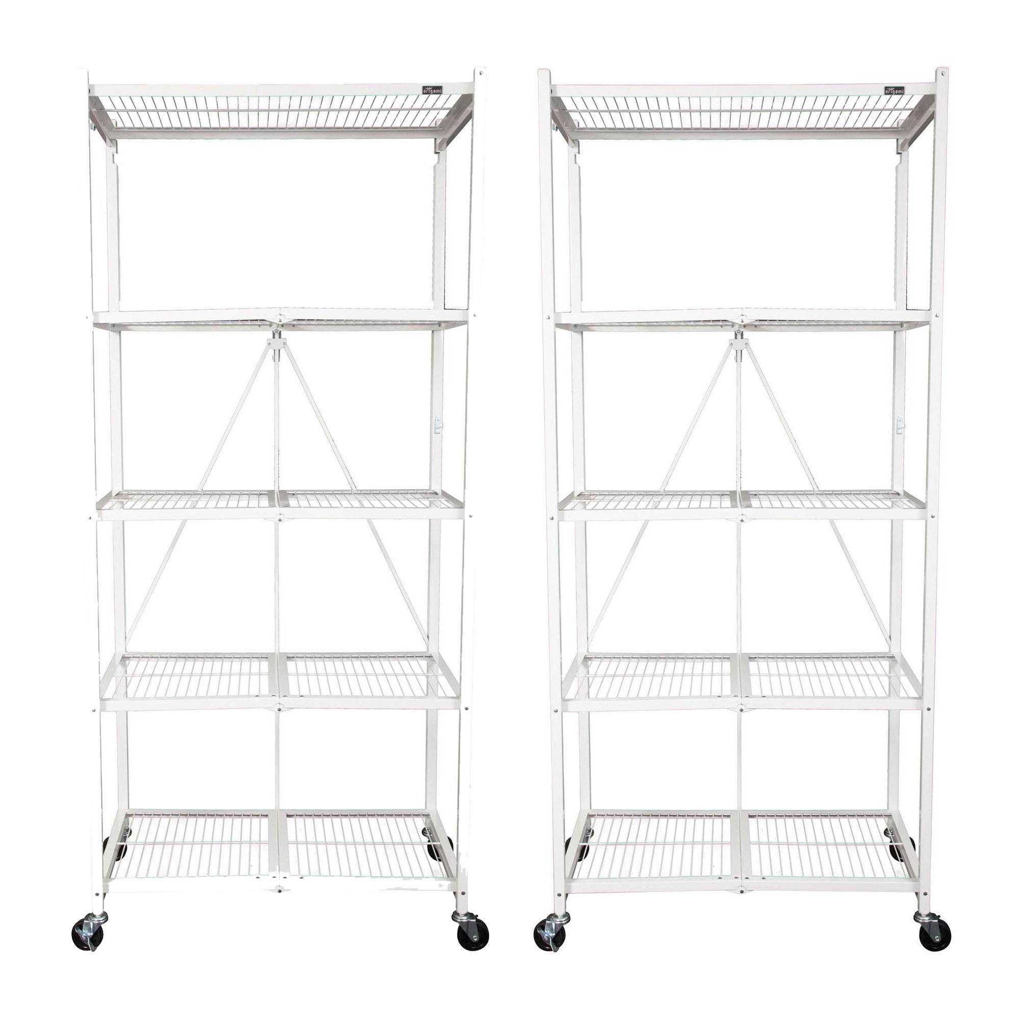 Origami 2 Pack Large Wheeled 5-Shelf Folding Steel Wire Shelving Rack, White - VMInnovations