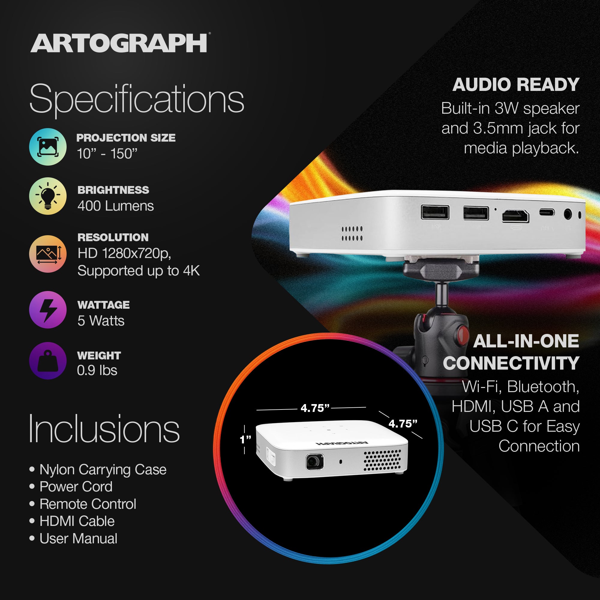 Artograph HD Digital Art Projector w/Remote, Wi Fi, & Case, White (Open Box)