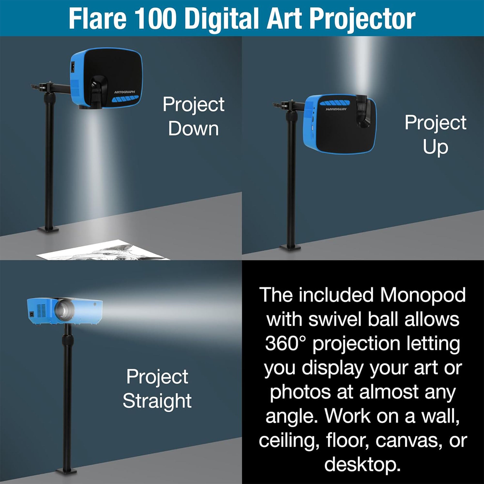 Artograph Smart HD Digital Art Projector, Wi Fi, Flare 100, Blue (Open Box) - VMInnovations