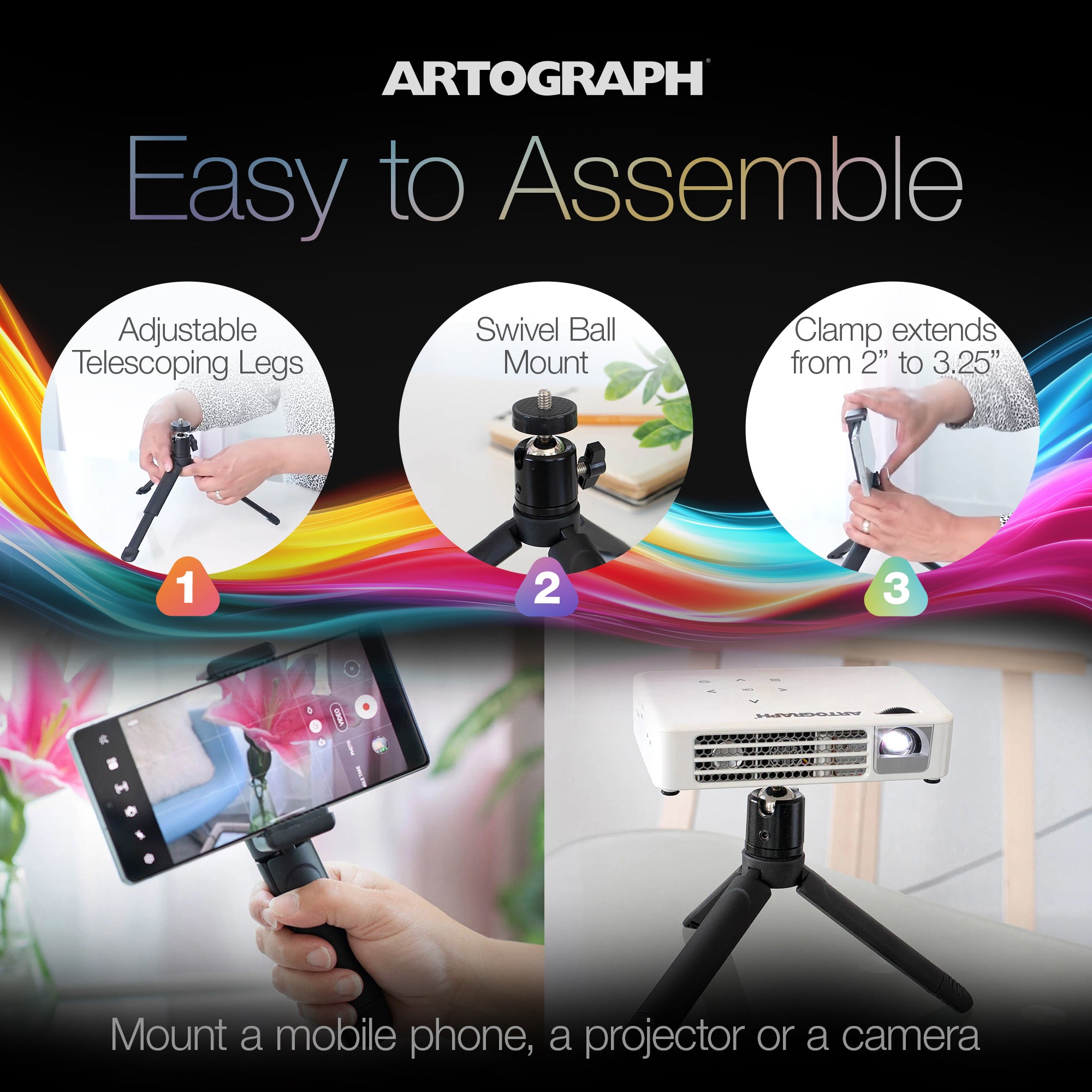 Artograph Mini Tripod Tabletop & Handheld Stand for Digital Projectors & Phones - VMInnovations
