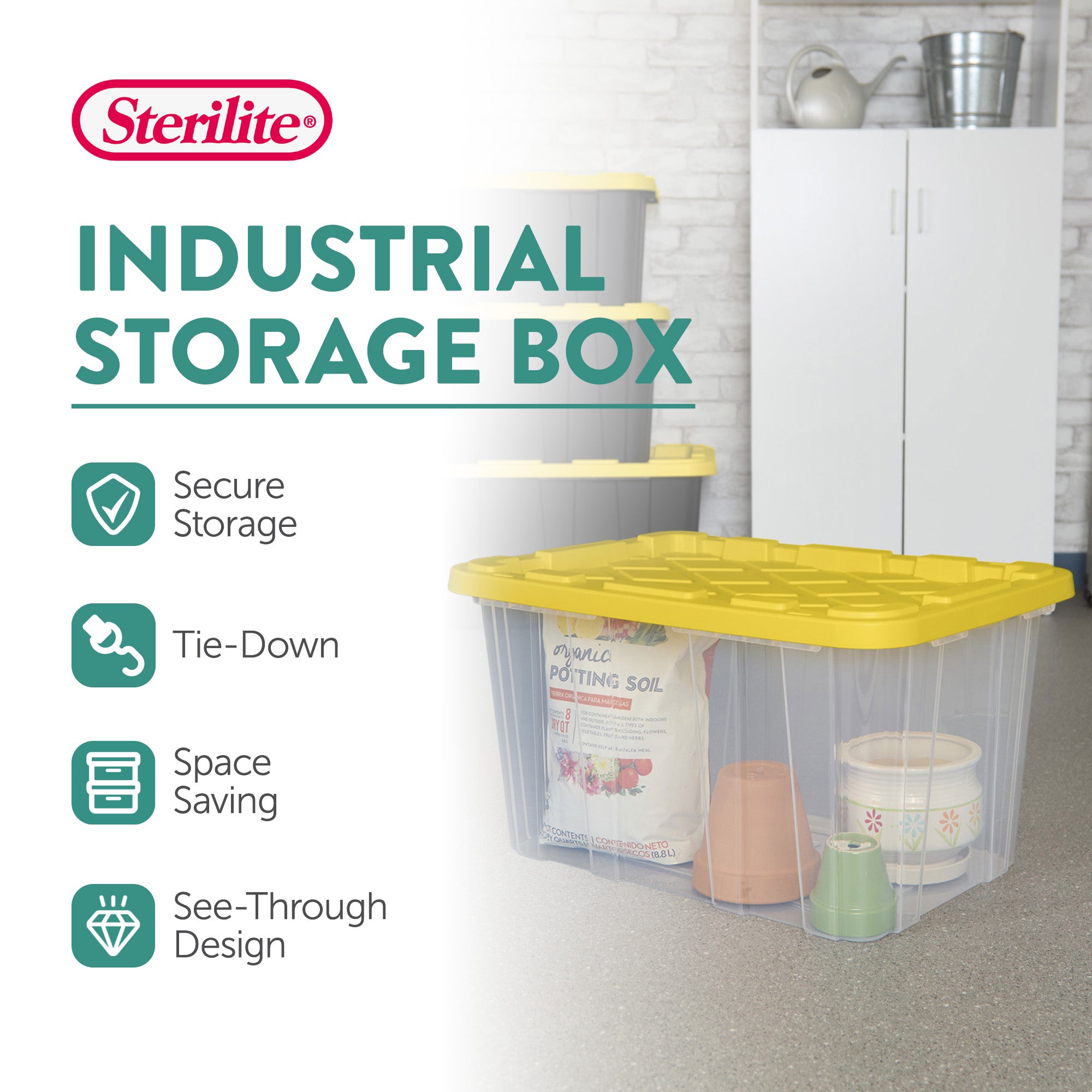 Sterilite Industrial Storage Box with Carrying Handles, 27 Gal, Yellow, 16 Pack