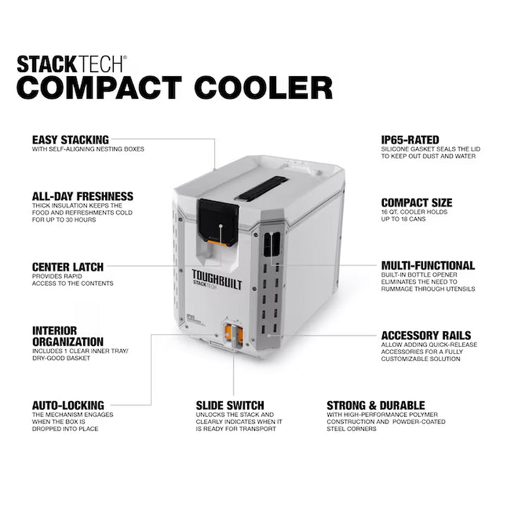 ToughBuilt StackTech Compact Cooler, Stackable 16 Qt Hard Shell Ice Chest, White - VMInnovations