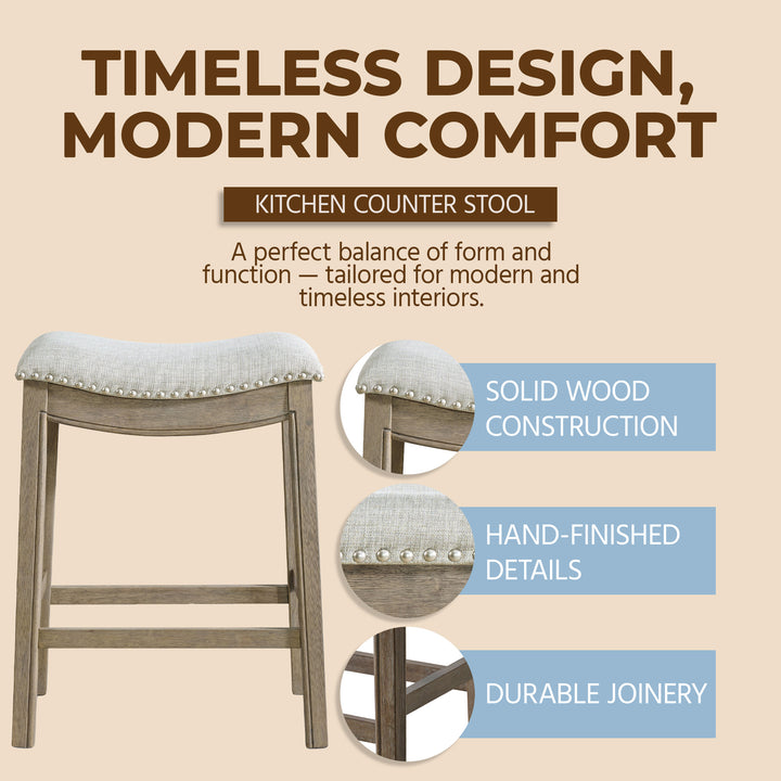 ROME + OAK Parker Backless Kitchen Counter Stool, Oak, Grey Upholstery, Set of 4