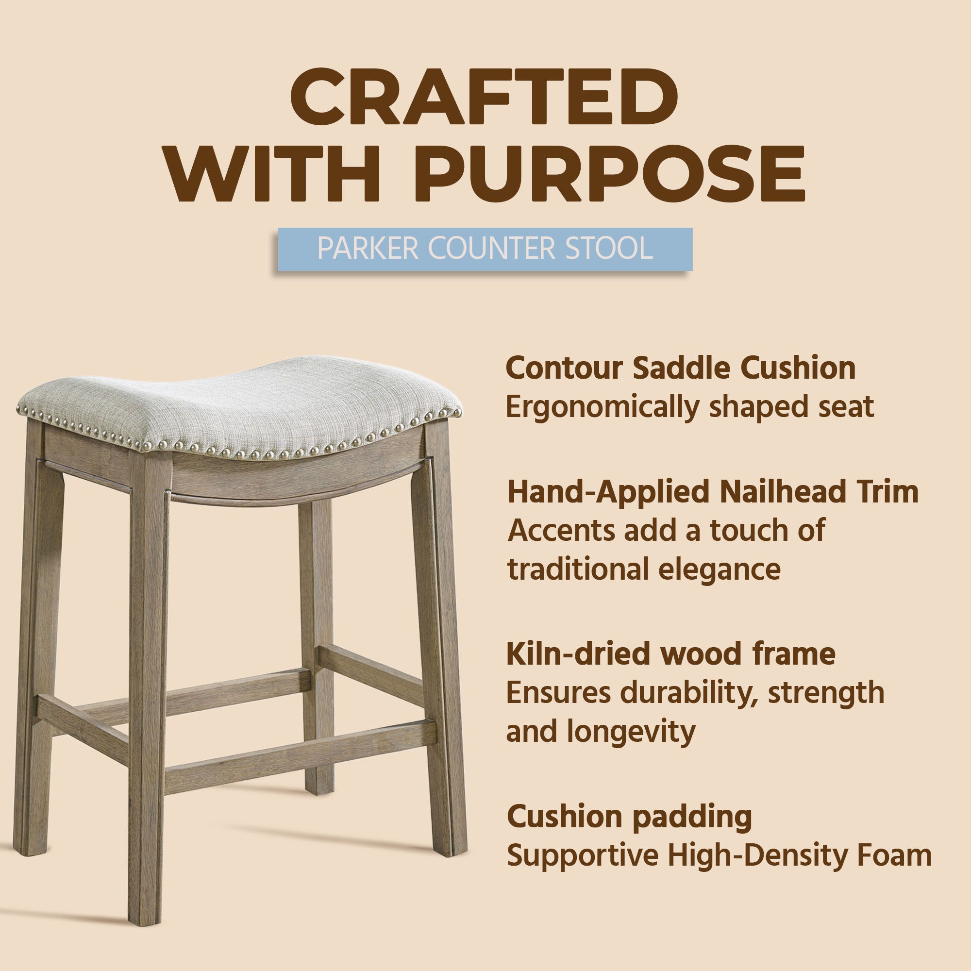 ROME + OAK Parker Backless Saddle Kitchen Counter Stool, Oak, Grey (Open Box)