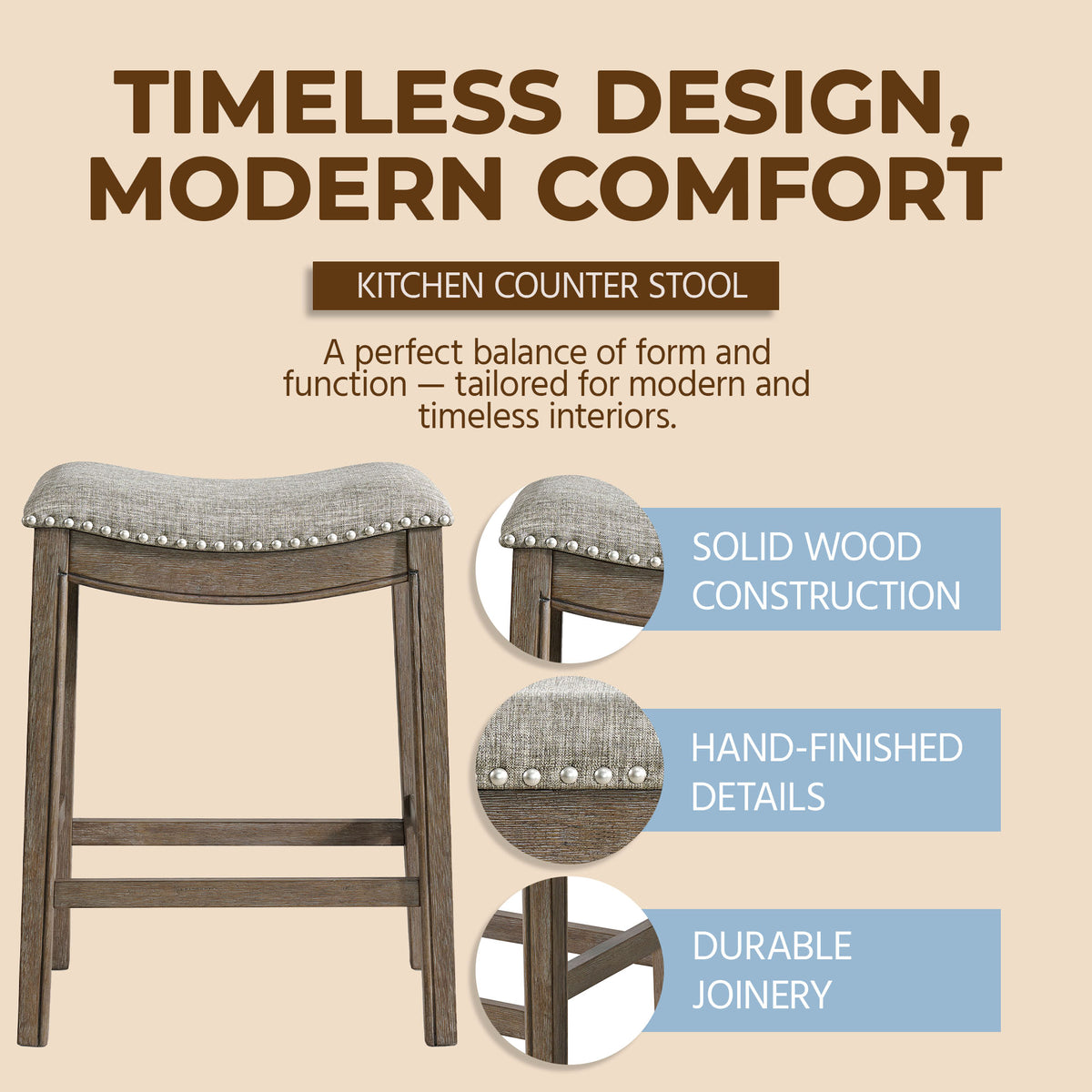 ROME + OAK Backless Saddle Counter Stool, Walnut, Grey Upholstery (For Parts)