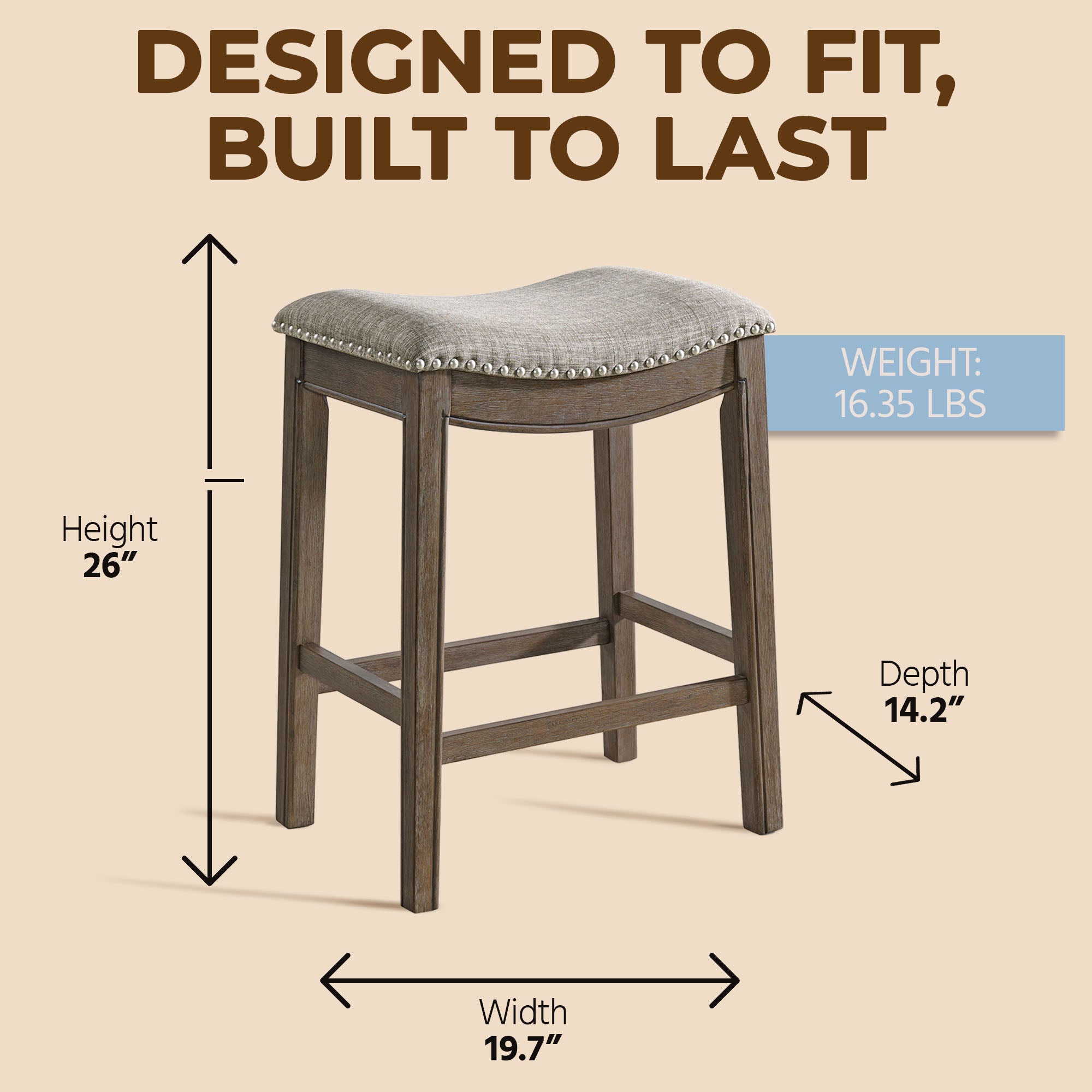 ROME + OAK Parker Backless Saddle Kitchen Counter Stool, Walnut, Grey Upholstery