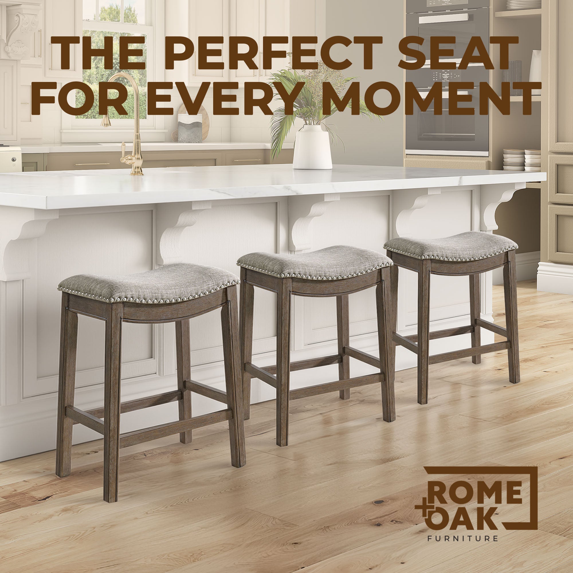 ROME + OAK Parker Backless Saddle Kitchen Counter Stool, Walnut, Grey Upholstery